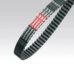 Close-up of a black timing belt with white and red markings for automotive engine timing.