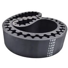 Coiled black timing belt with white size markings.