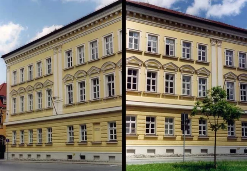 Das Rathaus 1 liegt am Knick des Stadtplatzes, zweiseitig eingebaut. Eine Arkadenzone an der Nordseite erschließt das Gebäude, das dreiseitig einen, für die Bauweise der Innstadt typischen Lichthof umschließt. In diesen Lichthof wurde ein Stahl-Glasaufzug eingestellt, der das Gebäude nun behindertengerecht zugänglich macht. Das ehemalige Schulhaus, im neoklassizistischen Stil um 1850 erbaut, beherbergt jetzt das technische Rathaus. Beide Gebäude wurden fast vollständig entkernt. Die bestehenden Holzbalkendecken wurden durch dünne Stahlbetondecken, die auf neuen Stahlträgern lagern, ersetzt. Die Fassaden wurden weitestgehend erhalten und nur teilweise ausgebessert. Beide Gebäude erhielten stadtwirksame Anstriche.
