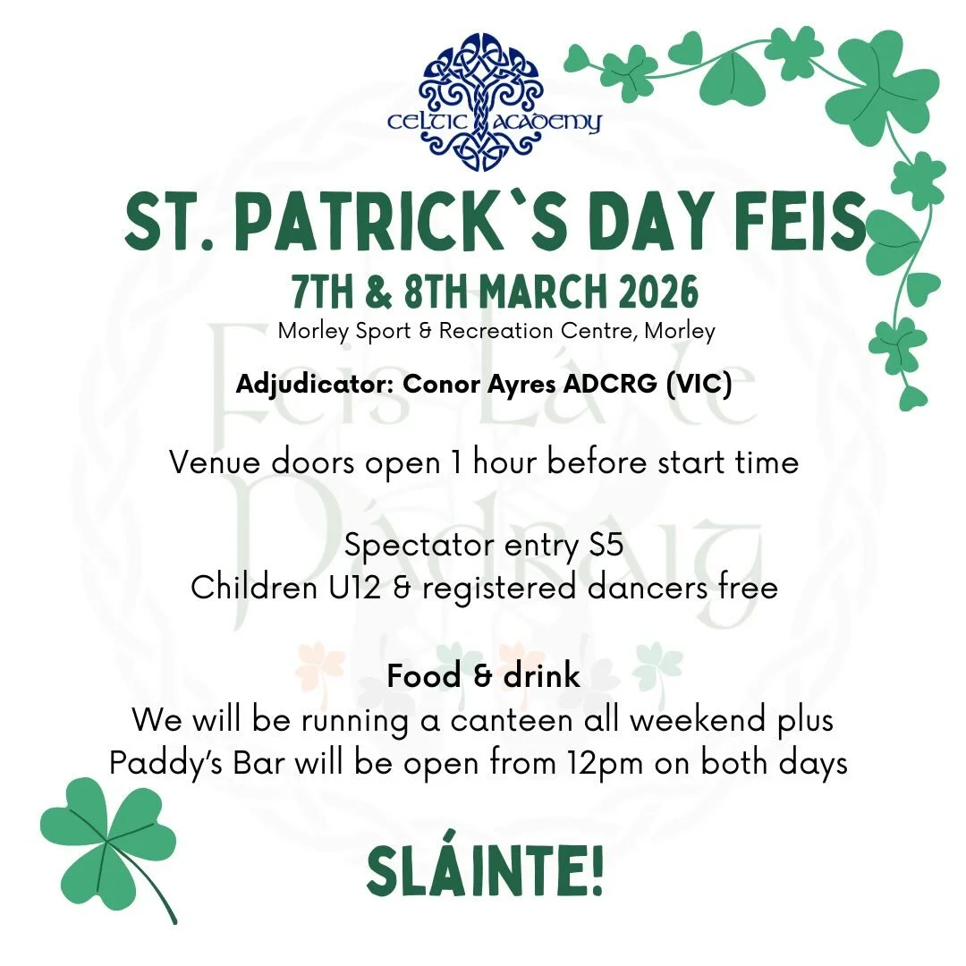 ☘️ ST. PATRICK&rsquo;S DAY FEIS ☘️

We are once again very excited to be hosting the first feis of the 2026 competitive season! 🏆

We are looking forward to a huge weekend of wonderful dancing and a celebration of St. Patrick&rsquo;s Day! 💚🤍

#fei
