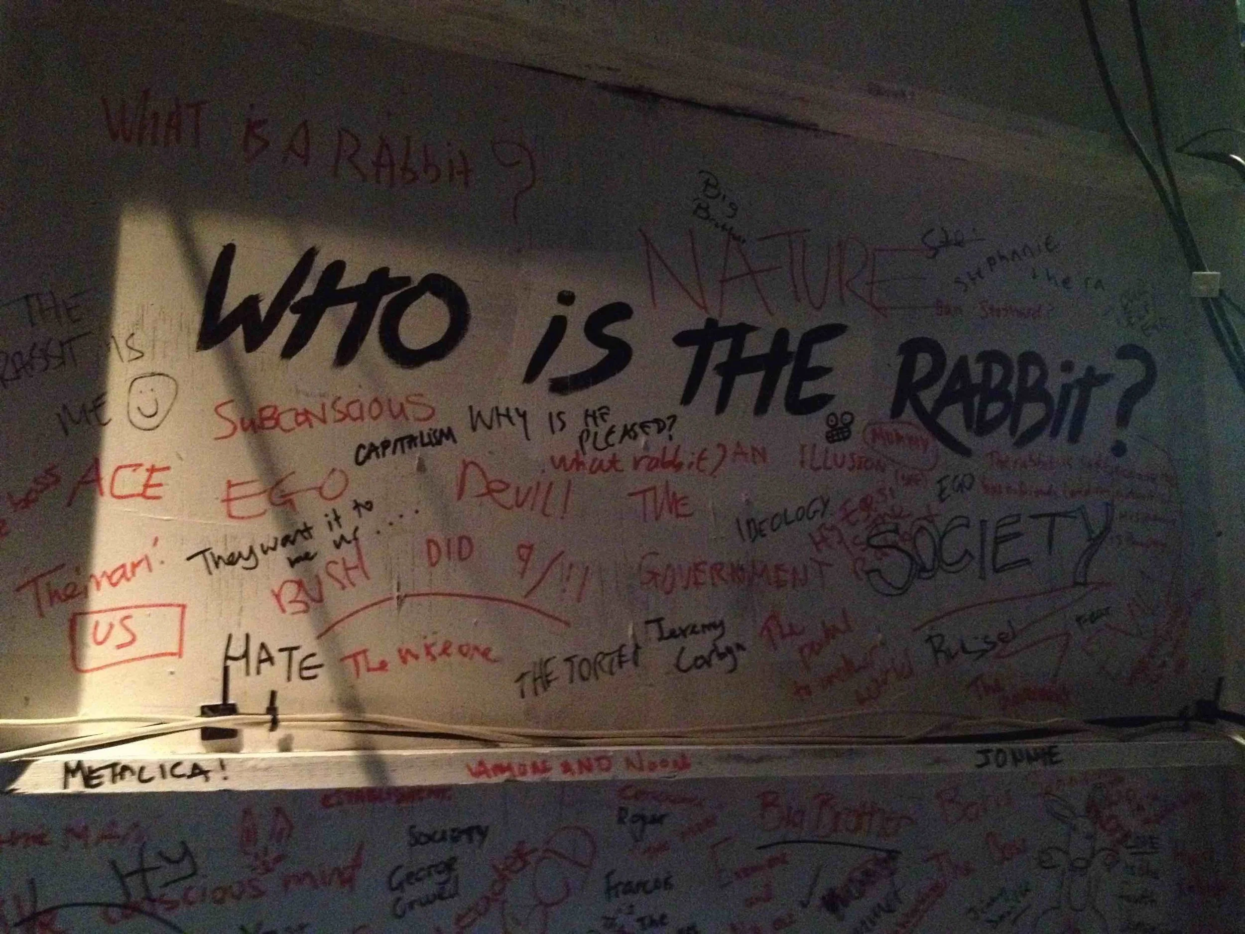 One of the questions audiences encountered when they escaped the space - and a variety of answers.