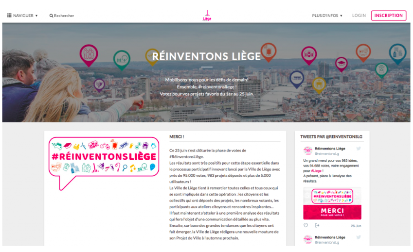 Dans le cadre de l'opération "Réinventons Liège", les citoyens ont pu déposer leurs idées et voter pour celles qu'ils souhaitaient voir intégrer au Projet de Ville via la plateforme en ligne Citizen Lab .