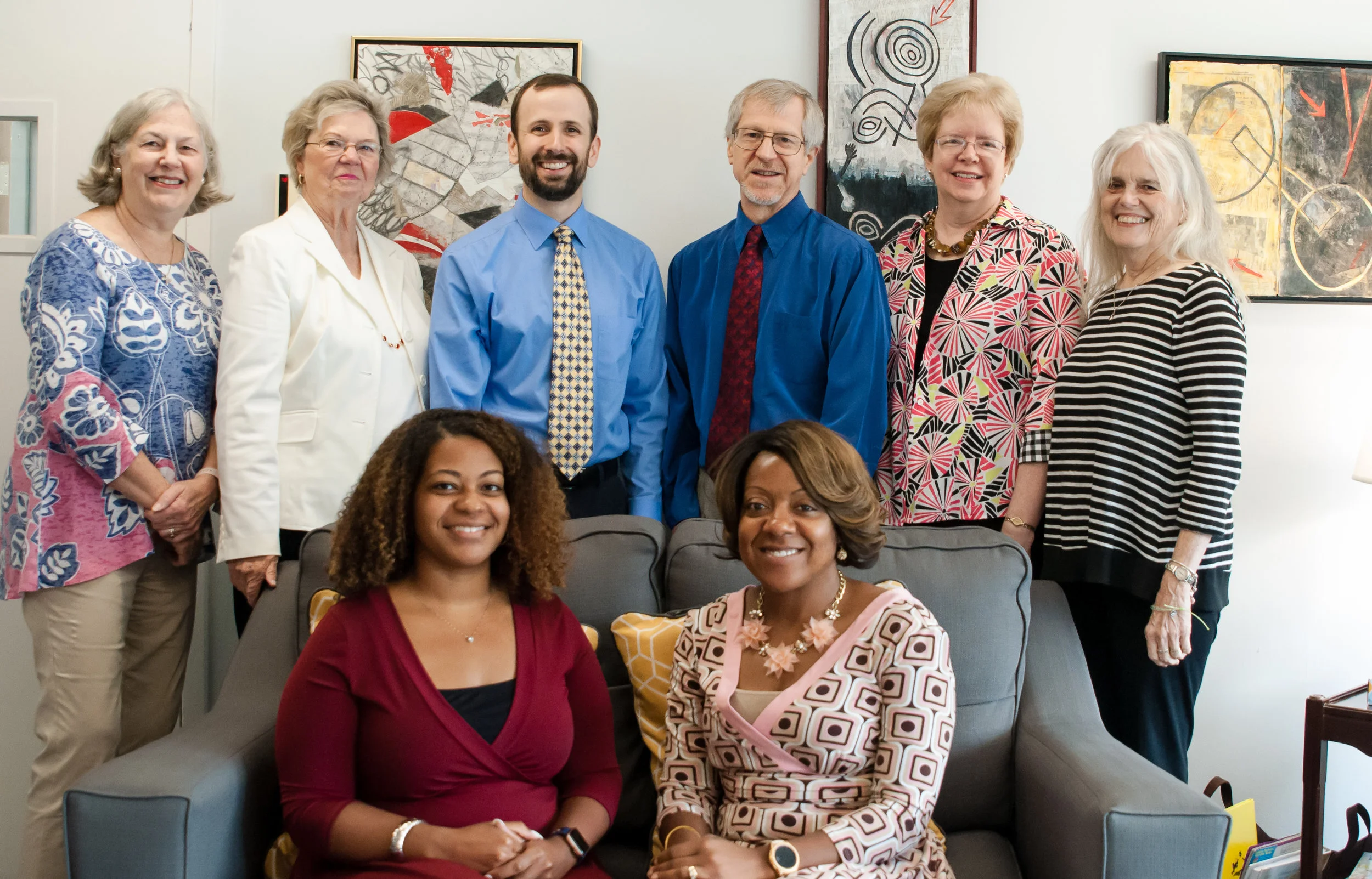 VIPCare's Board of Directors. Back row, l to r: Anne Peck, Carol B. Markow, Board President Robert F. Brown, Executive Director Douglas M. Thorpe, Melinda South, and Frances Broaddus Crutchfield Front Row seated: Board Vice President Jessica Young Brown and Janiel Youngblood Absent: Sister Cora Marie Billings, The Rev. Dr. Daniel G. Bagby, Sean Hamon, Gwen Lingerfelt (photo July 24, 2019)
