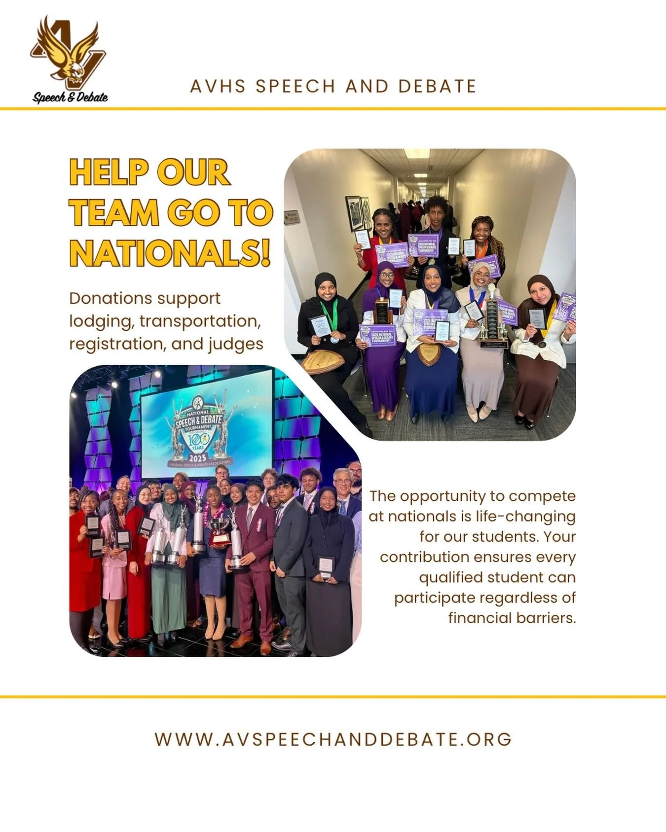 What a season this team has had! As we enter our national tournament circuit for the year, we would love your help 🦅🍎🏆

We are taking a lot of students to a lot of places in the next few months! 

NIETOC (National Individual Tournament of Champion