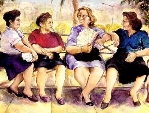 Chit Chat It is a sunny day in a park when four good old friends cherish their memories , letting go of worries and taking one day at a time. Enjoying the present moment, “HERE and NOW”!