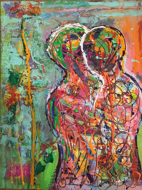Mate It is HOPE of true connection that leads understanding and LOVE. Painting is mixed media, applying layers of paint on canvas then pouring bright colors to emphesize the embrace.