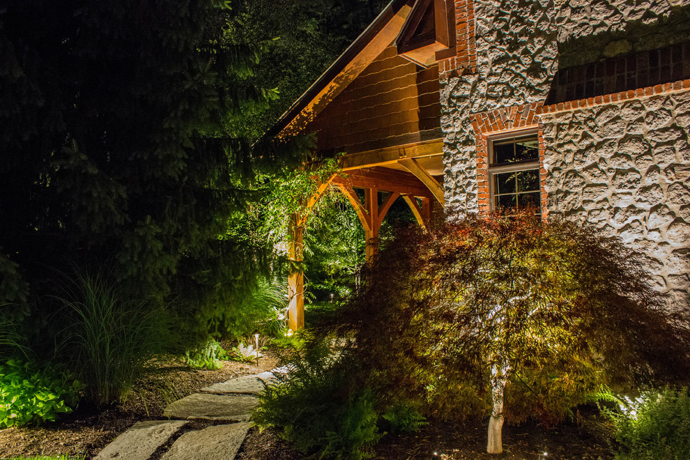 Highlighting - This is a common and quite useful technique in outdoor lighting. Highlighting is created by placing a spotlight at the base of an outdoor feature. By varying the distance and angle of the light fixture, you can experiment with different lighting designs for unique landscape architecture goals. For example, trees often need two or more fixtures to provide sufficient illumination.