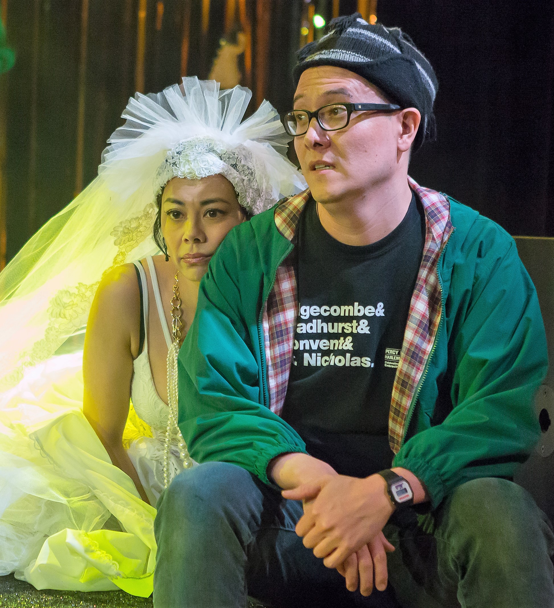 Angel Desai (left) plays Ingrid and Matt Park is Peer in Peer Gynt and the Norwegian Hapa Band . Top: Park with Mia Katigbak as his mother, Ose.