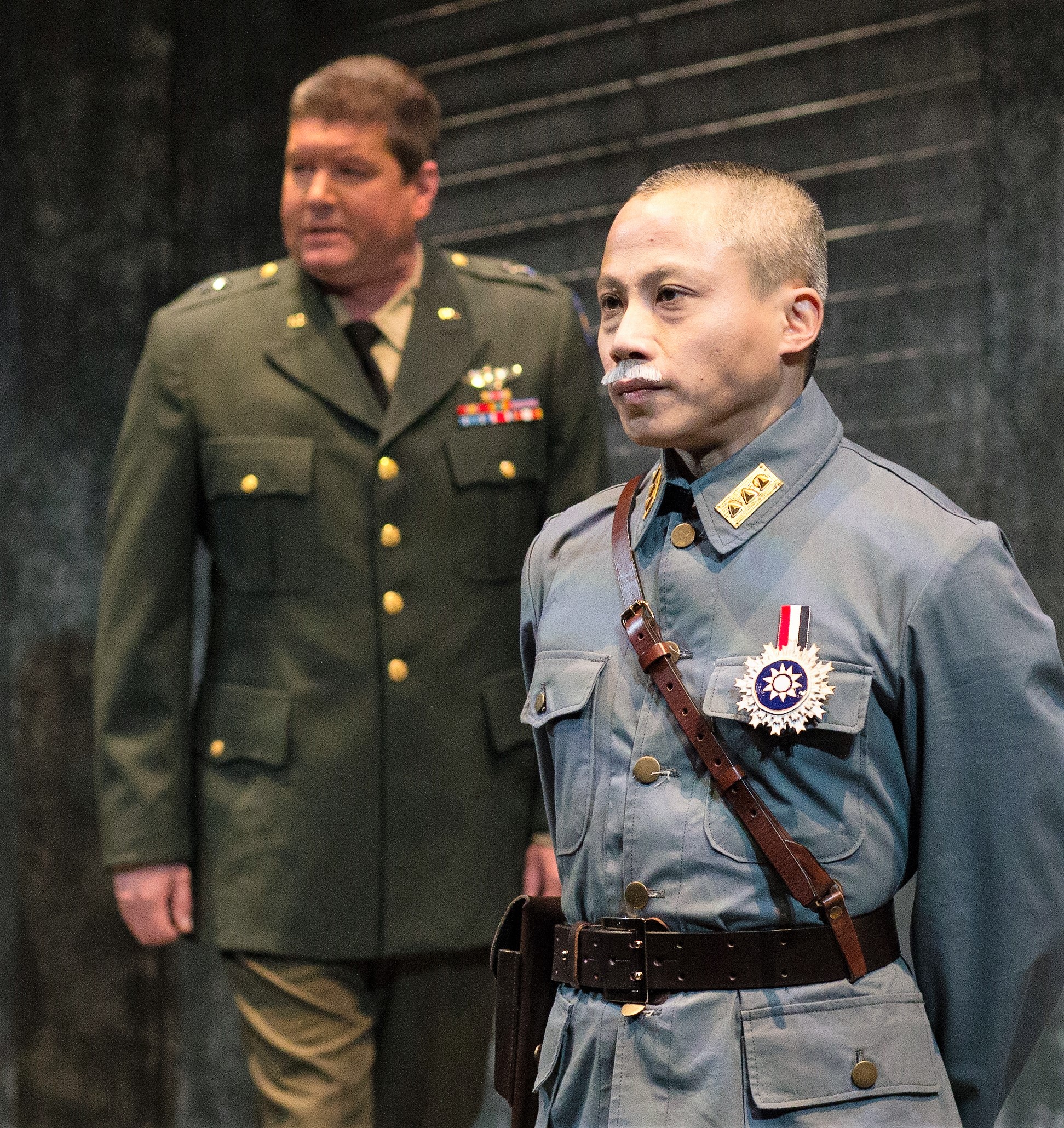 Dinh James Doan (foreground) as Chiang Kai-shek and Jonathan Miles as Van Holt. Top: Ying Ying Li as Ava and Tim Liu as Walter in Incident at Hidden Temple . Photos by Jonathan Quincy.