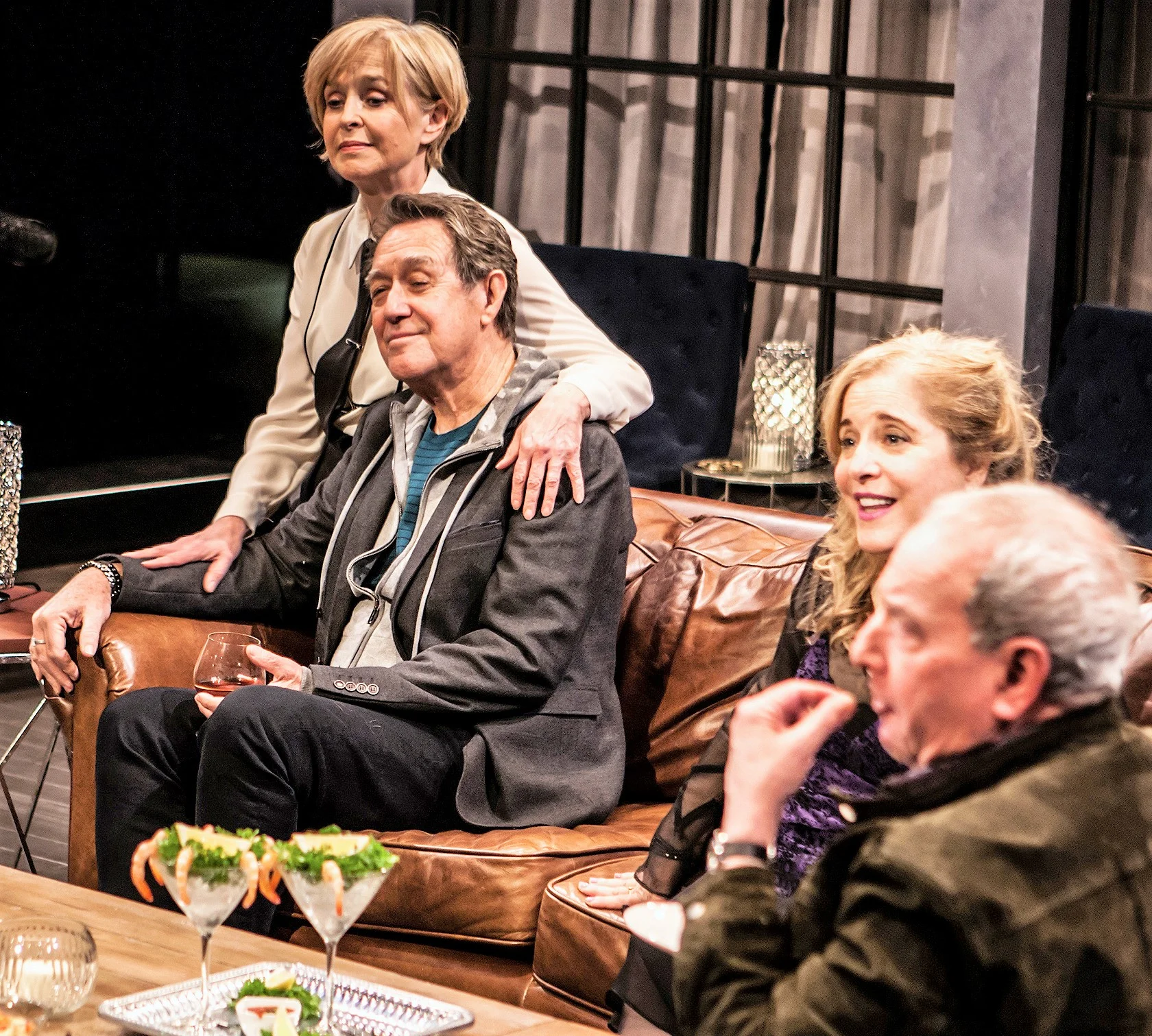From left: Jill Eikenberry is Nellie, Larry Pine is Tom, Claudia Shear is Annette, and Michael Tucker is Bill, in Wallace Shawn's Evening at the Talk House . Top: Matthew Broderick (left) plays the playwright Robert, and Annapurna Sriram is Jane.