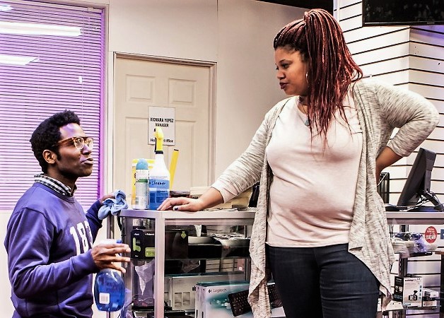 Chinaza Uche (left) is Yusuf and Pernell Walker is Isabel in James Anthony Tyler’s Dolphins and Sharks . Top: Walker with Flor De Liz Perez as Xiomara.