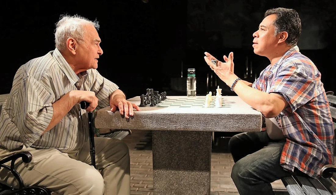 Ed Setrakian (left), nicknamed Ninety-Two, is a former child chess prodigy, and David Anzuelo is his friend Jerome in Fish Men . Top: Setrakian with José Joaquín Pérez.