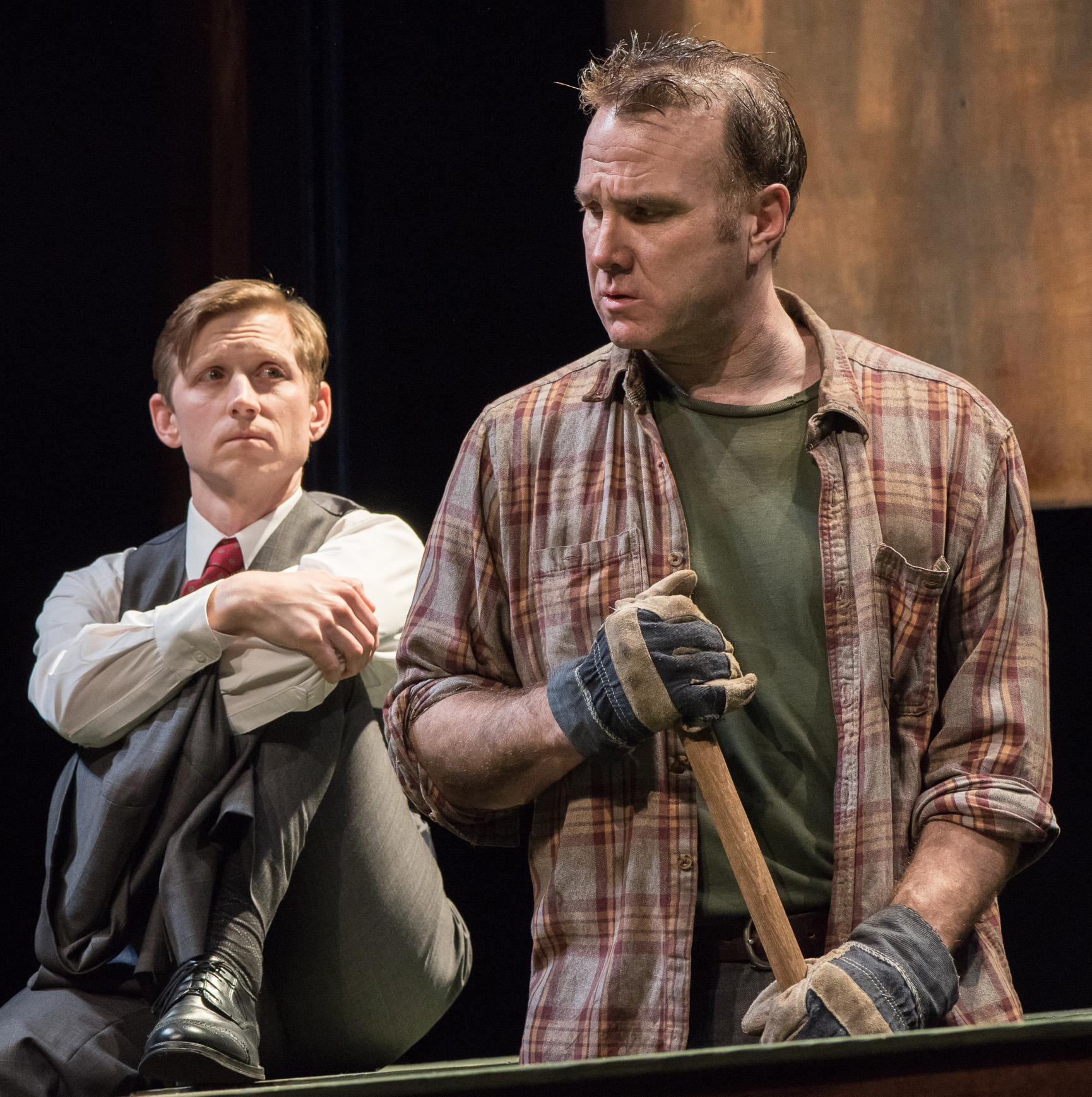 Jeremy Beck (left) is the unhappy heir to a mercantile fortune, and Ted Koch is a gravedigger trying to get a job in Jeff Talbott's play The Gravedigger's Lullaby . Top: Koch as Baylen with KK Moggie as his wife, Margot.