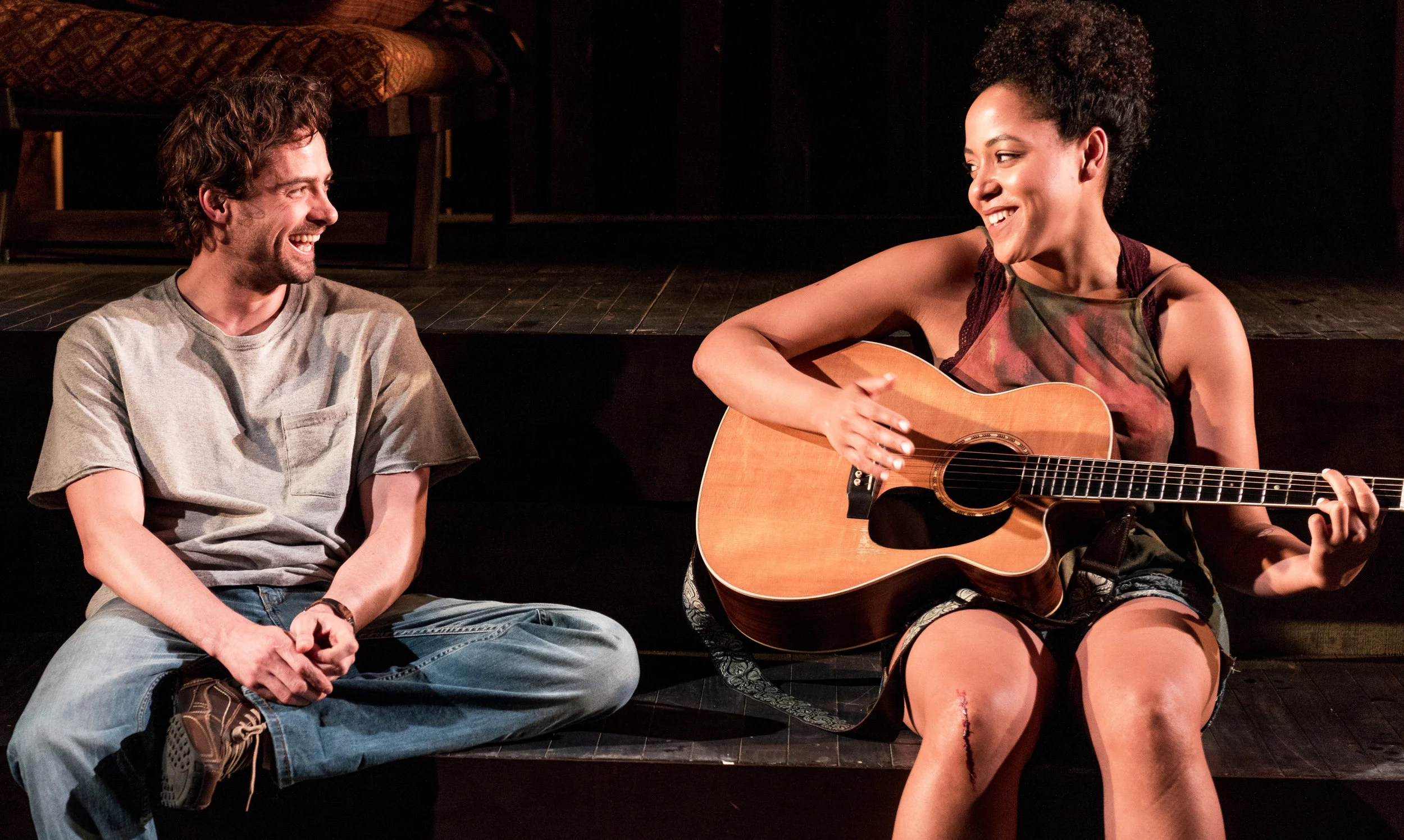 JD Taylor (left) as Carver and Lilli Cooper as Ray reconnect with the music in Rachel Bonds' moving Sundown, Yellow Moon . Top: A jam session with, from left: Anne L. Nathan as Jean, Cooper, Michael Pemberton as Bobby, and Peter Friedman as Tom.