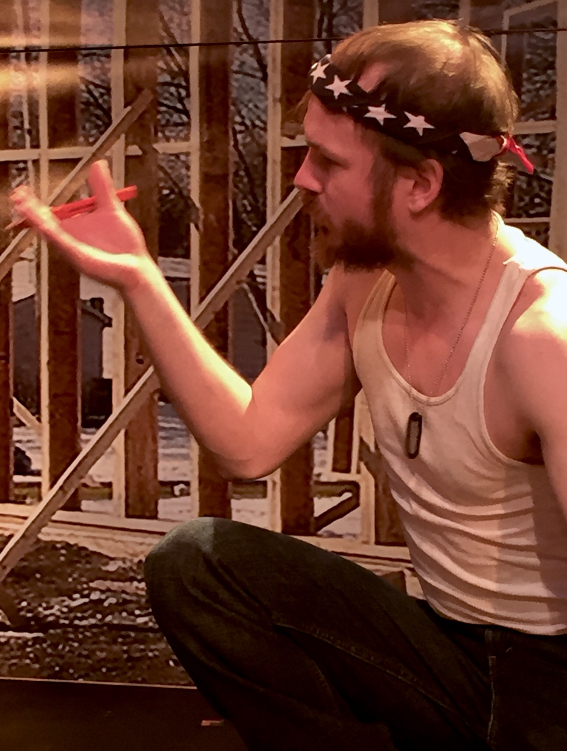 Doug (Erik Endsley) builds his new home in Michael Weller’s Loose Ends . Top, from left: Susan (Sarah Mae Vink) sits with her love interest, Paul (Loren Bidner), on a Balinese beach in 1970.