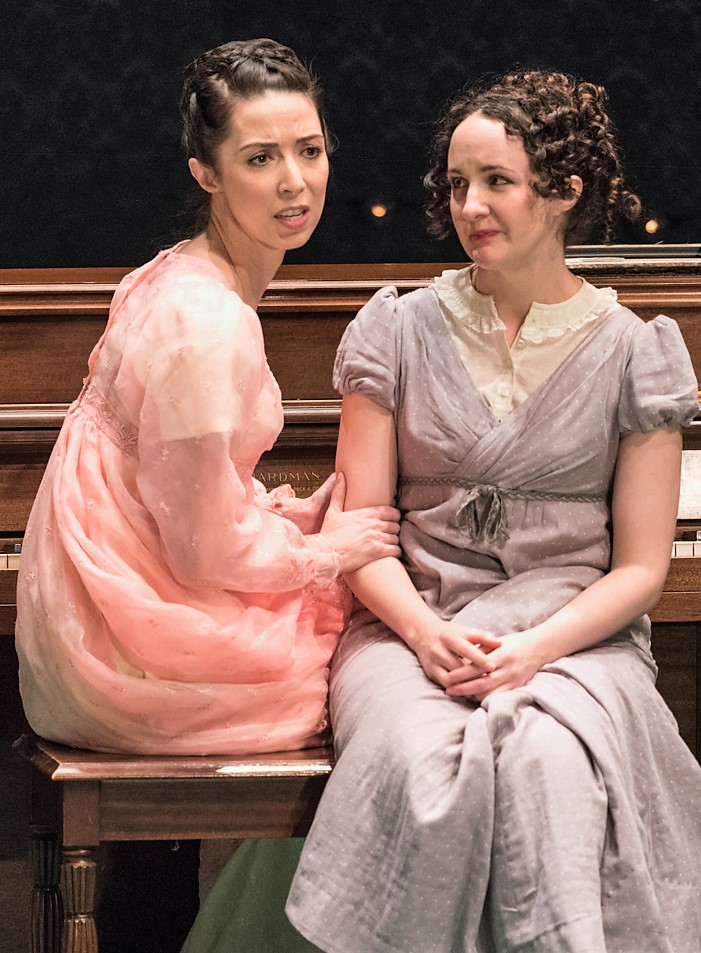 Joey Parsons (left) as Amelia Sedley and Kate Hamill as Becky Sharp in Vanity Fair . Top: Hamill with Tom O’Keefe as Rawdon Crawley. Photos by Russ Rowland.