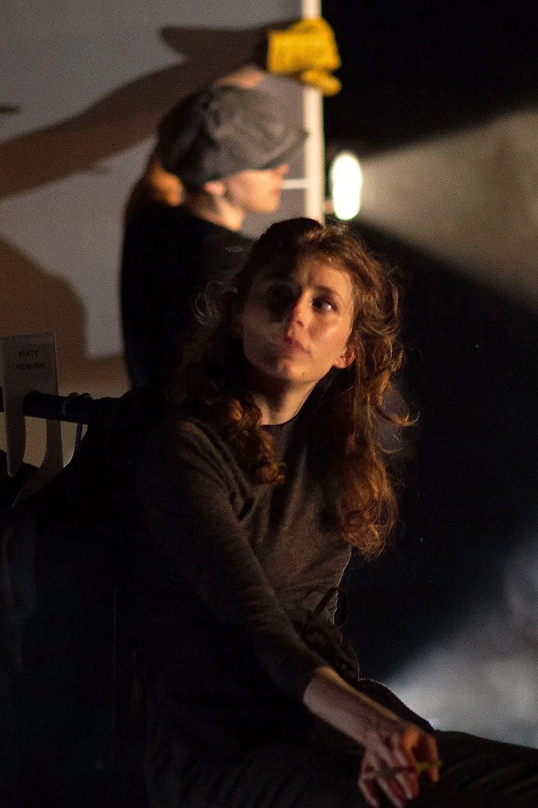 Gabriella Rhodeen plays four roles in the brief but expansive CasablancaBox at HERE. Top: Hollywood icons Ingrid Bergman (Catherine Gowl) and Humphrey Bogart (Roger Casey) shoot a romantic scene with the help of stagehand Lynn R. Guerra.