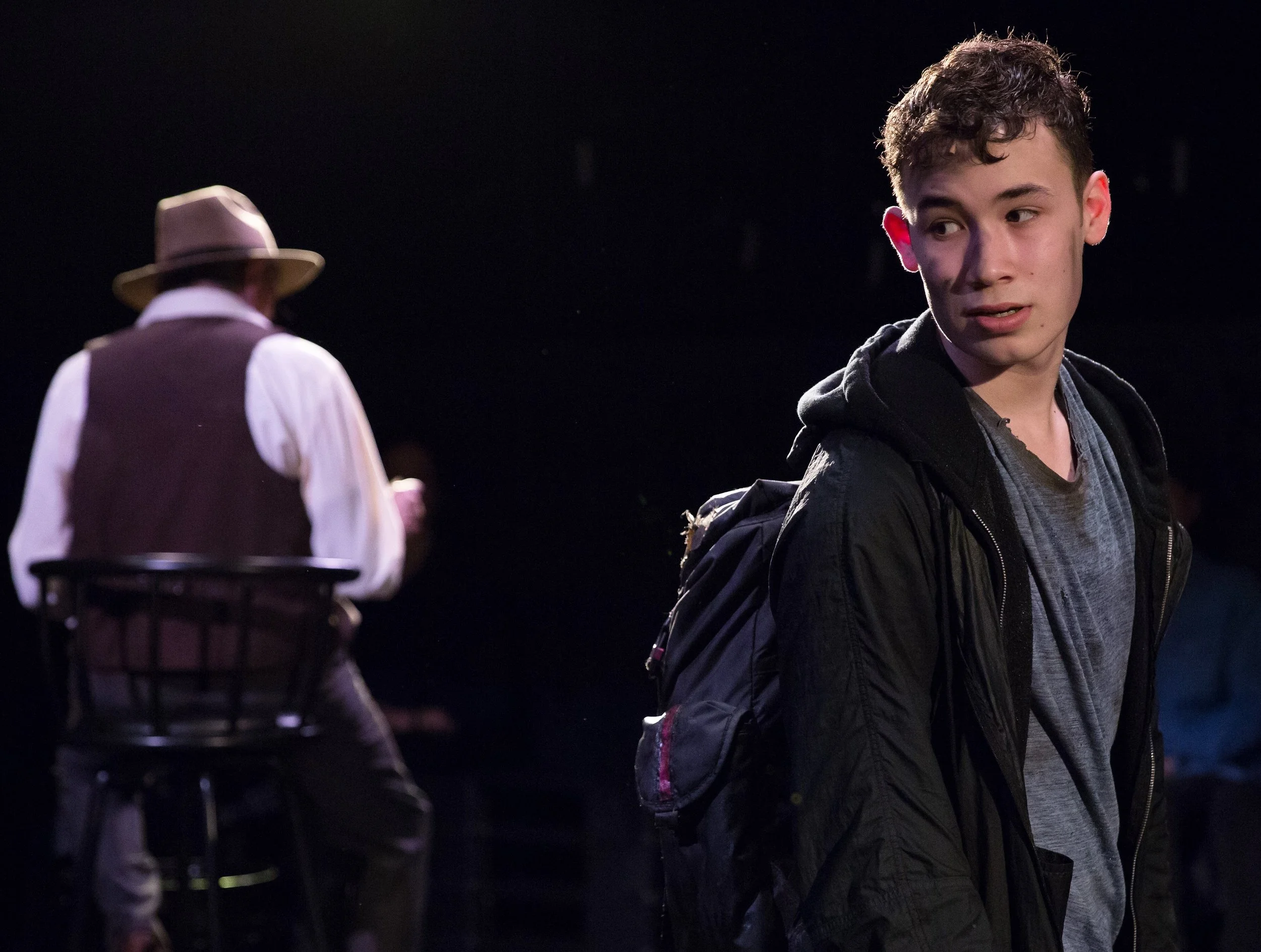 The fresh-faced Messenger (Jasper Newell) seeks payment in Richard Maxwell's beguiling Samara . Top: Mother Agnes (Vinie Burrows) and the Manan (Becca Blackwell) wonder if they could start over.