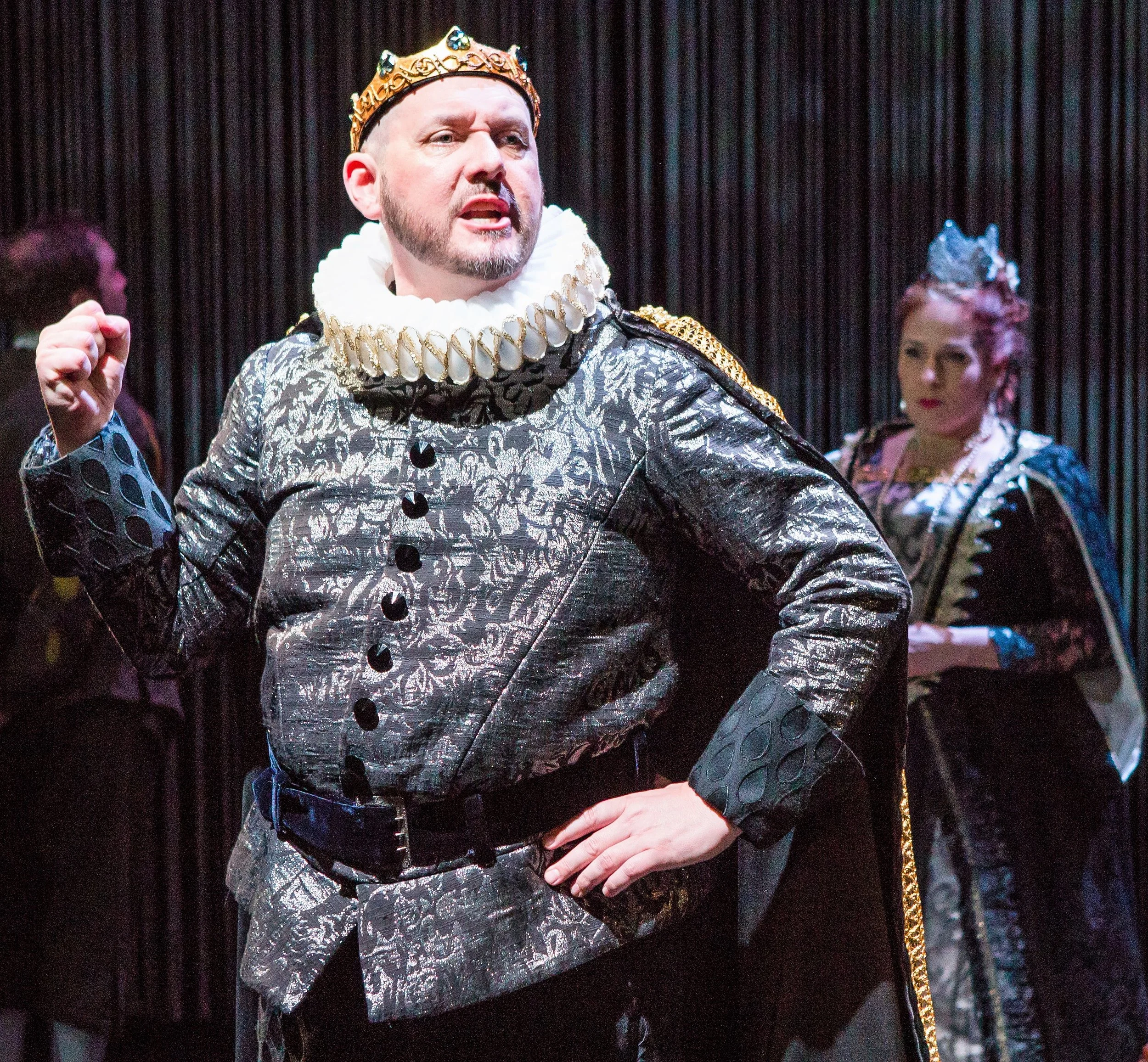 James Philip Gates as Claudius, with Gertrude at right.