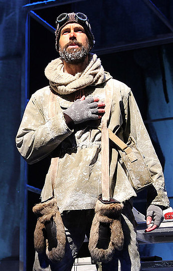 Wade McCollum as a playfully earnest Shackleton. Top: McCollum and Val Vigoda climb every mountain.