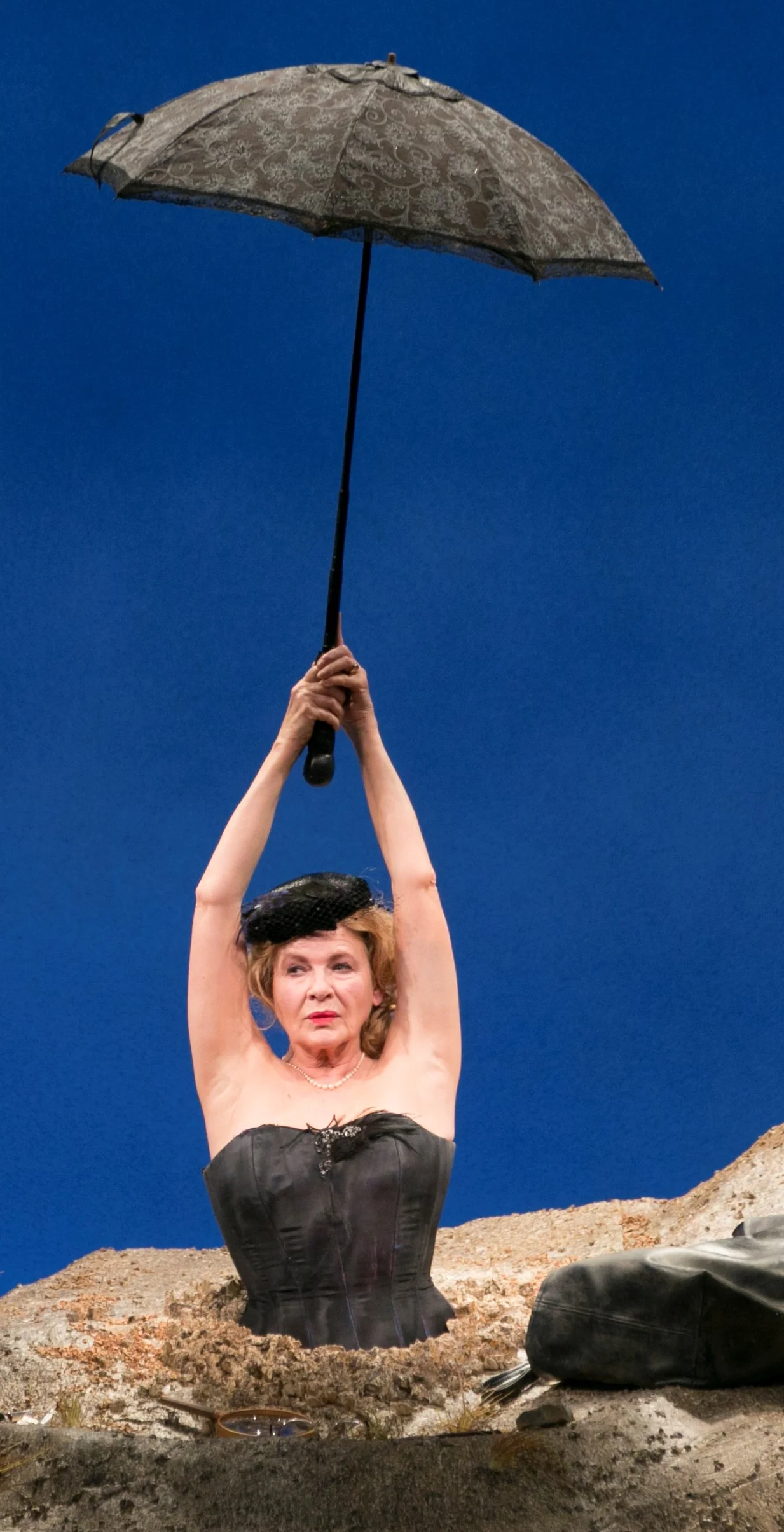 Dianne Wiest plays Winnie in Samuel Beckett’s Happy Days by Theatre for a New Audience. Top: Wiest with Jarlath Conroy as her husband, Willie.
