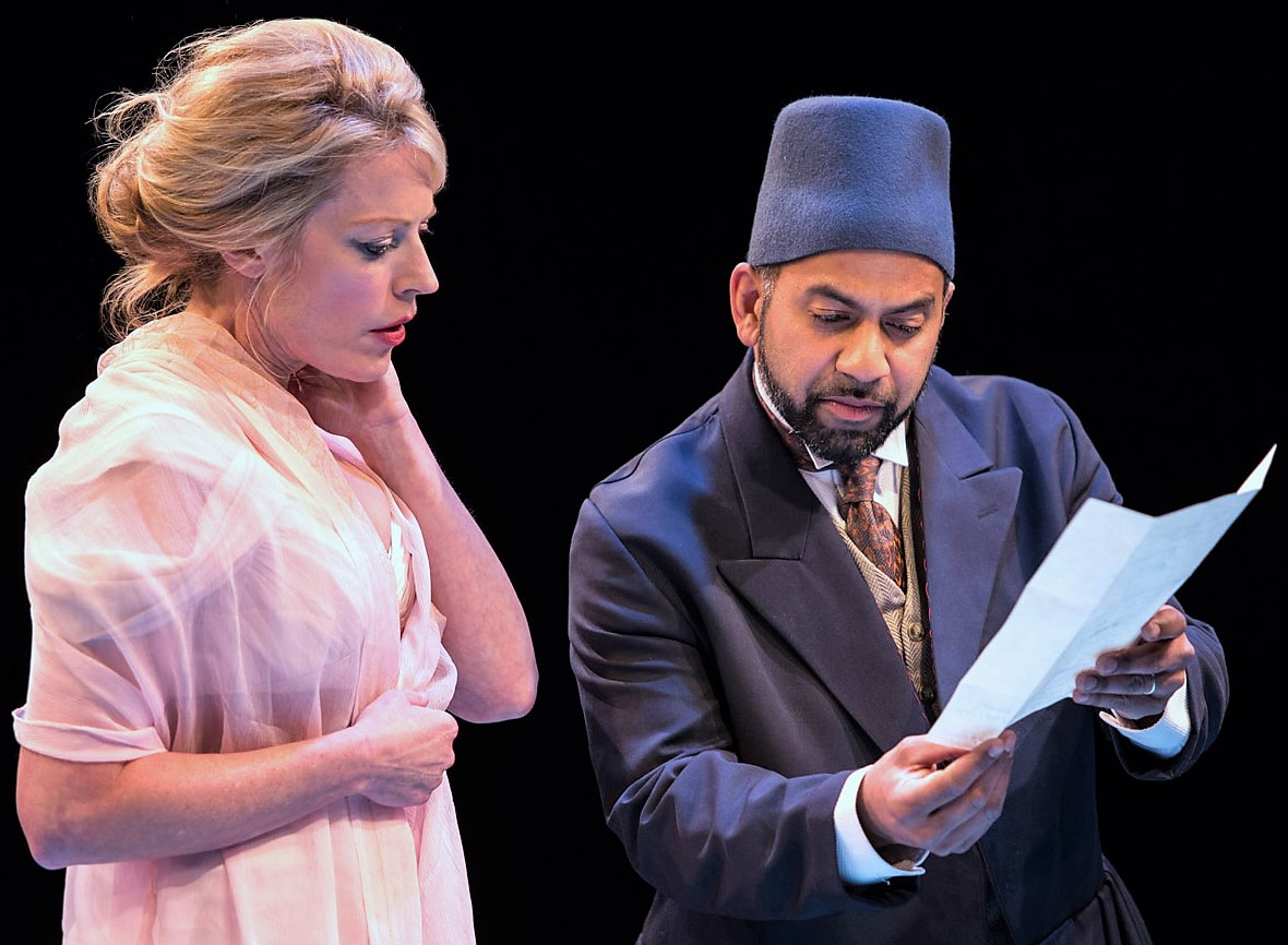 Sherie Rene Scott (left) is Gertrude, and Ajay Naidu is Polonius in Hamlet .