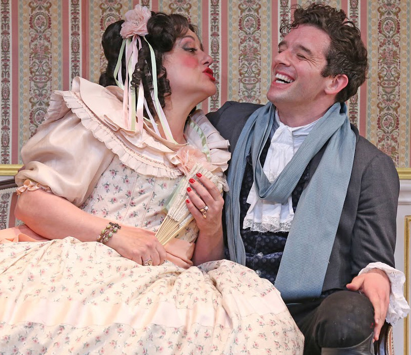 Mary Testa plays the mayor’s randy wife, and Michael Urie is a dandy mistaken for an official from St. Petersburg, in Gogol’s The Government Inspector . Top: Urie and Testa with Michael McGrath as the corrupt mayor and Talene Monahon as his daughter.