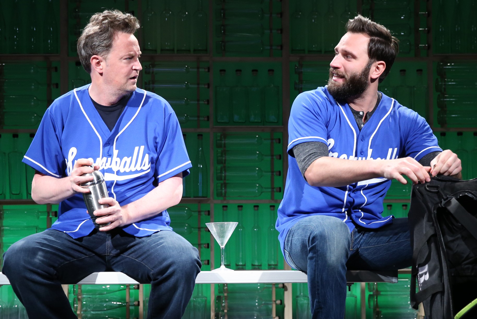 Matthew Perry (left) is Jack and Quincy Dunn-Baker is his friend Jeff in Perry's play The End of Longing. Top: Perry with Jennifer Morrison as Stephanie.