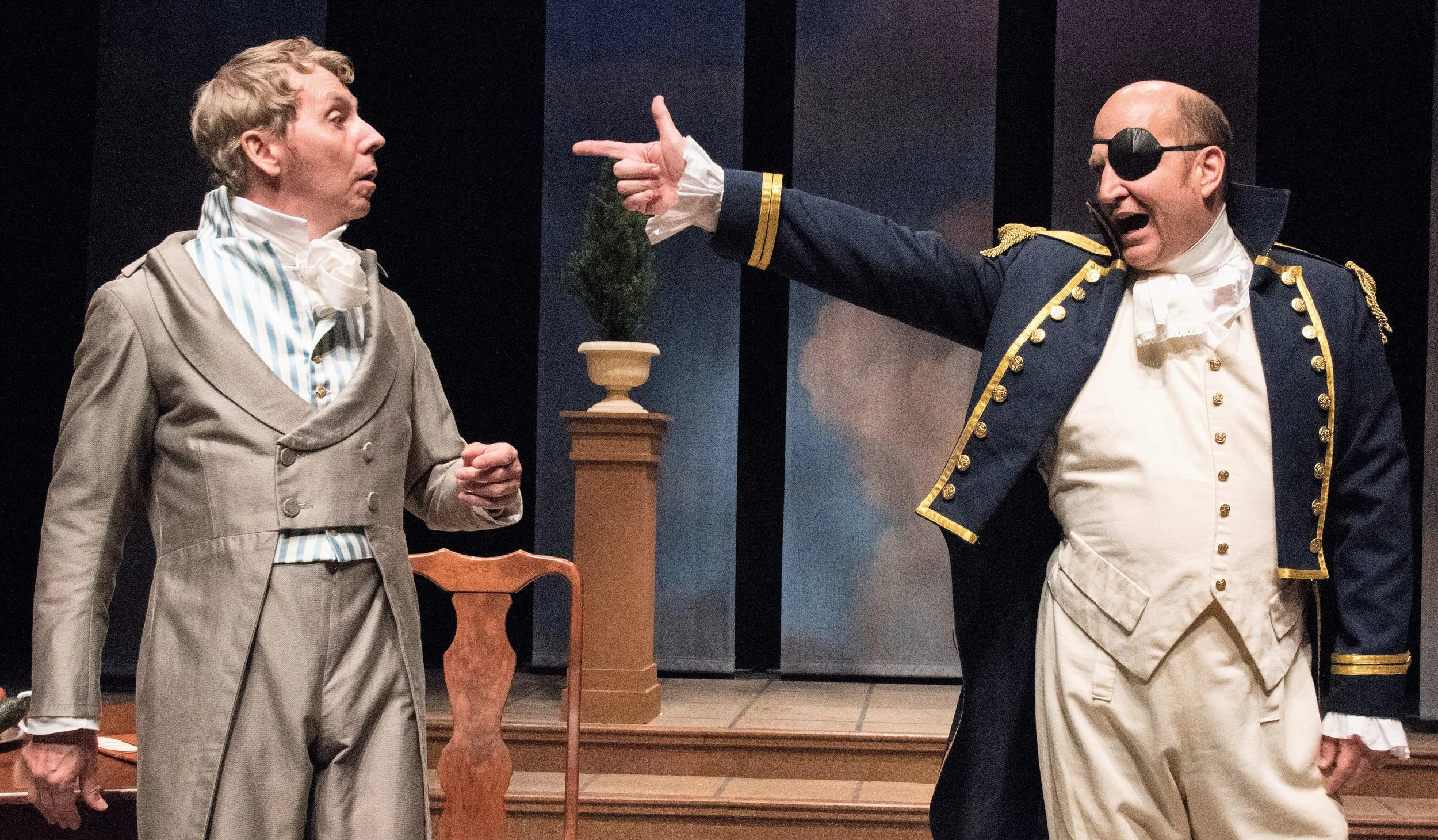 Jonathan Tindle (left) plays Ezra Chater, a cuckolded poet, and Steven Dykes is Captain Brice. Photographs by Stan Barouh.