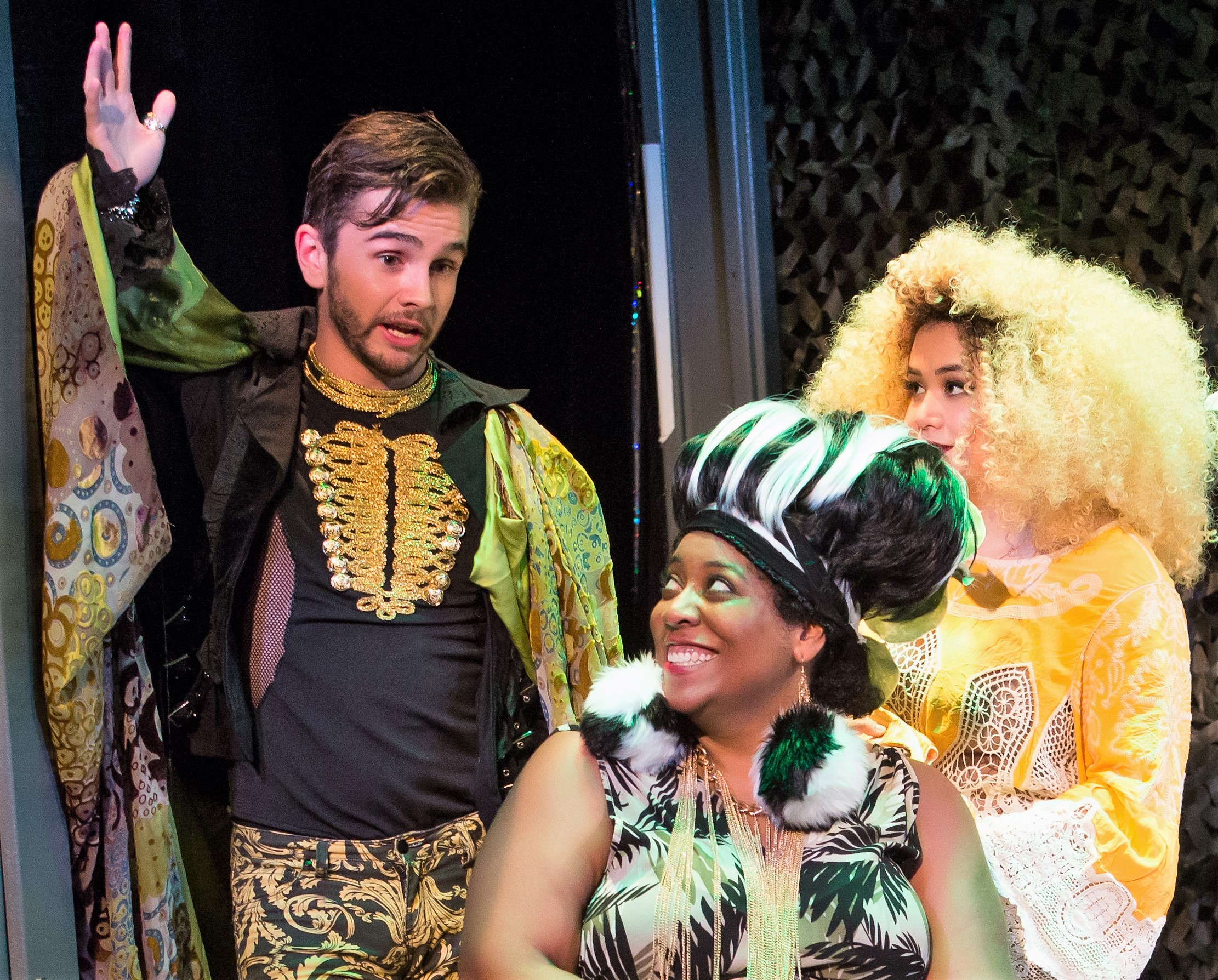 Crankee (Connor Delves), the Rockin' Crocodile, Bam-Boo (Dana Scurlock), a giant panda, and G-Low (Nicolette Shin), a golden tamarin monkey in Keni Fine and Tony Small's Endangered: The Musical . Top, from left: Crankee (Delves), Levi (Theo Errig), Einstein (Nate Rocke), a whooping crane, and Bam-Boo (Scurlock). Photos by Jeremy Daniels.