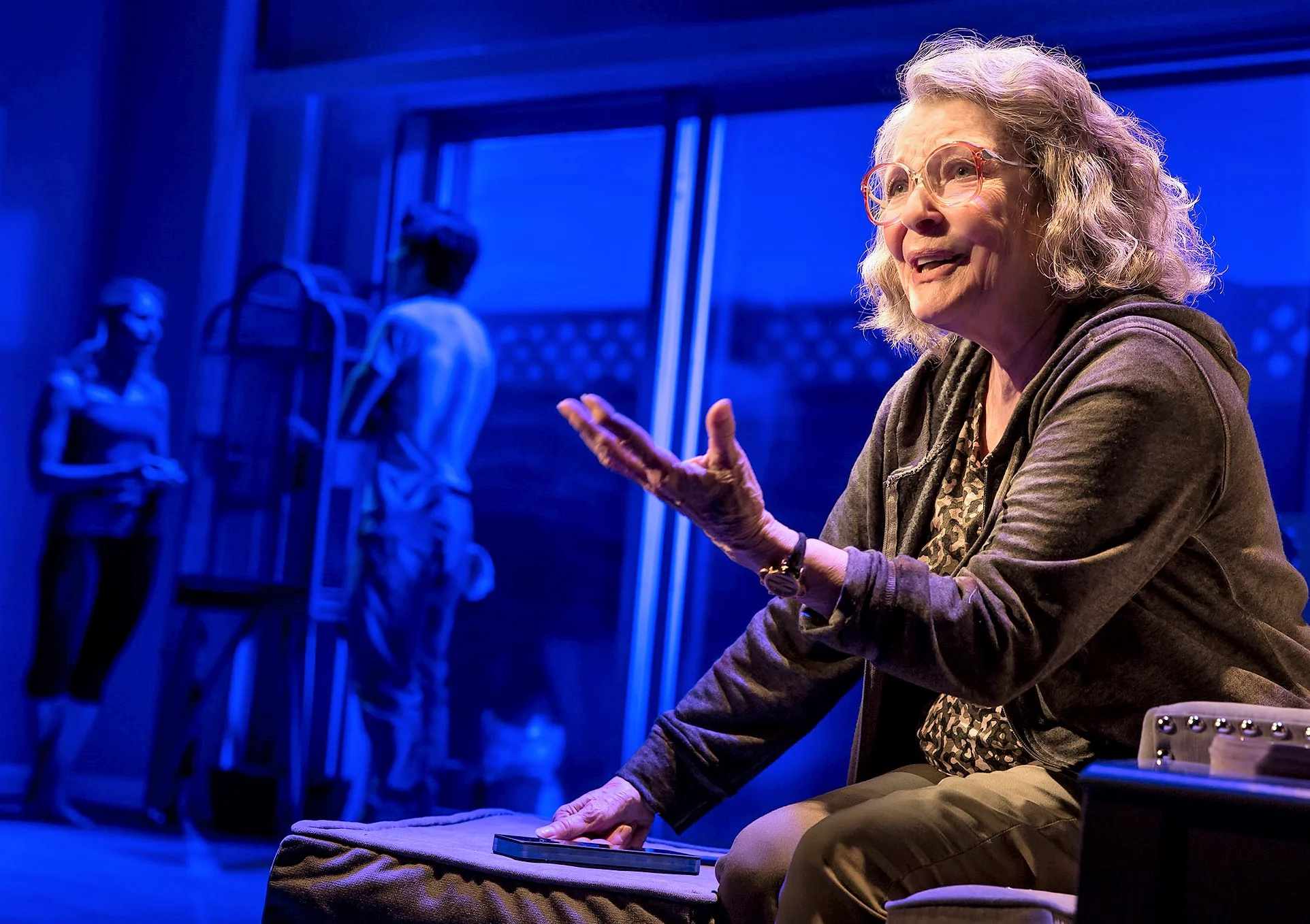 Anita Gillette plays Bee, a future incarnation of the main character in Bruce Norris’s A Parallelogram, who reveals the future. Top, left to right: Stephen Kunken as Jay, Juan Castano as JJ, Celia Keenan-Bolger as Bee, and Gillette.