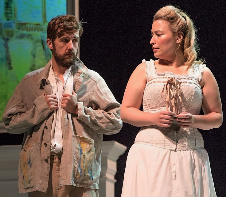 Carter Hudson (left) plays Vincent Van Gogh, and Renée Tatum is Gabrielle Berlatier in Eve Wolf's Van Gogh’s Ear . Top: Hudson as the despondent painter. Photographs by Shirin Tinati.