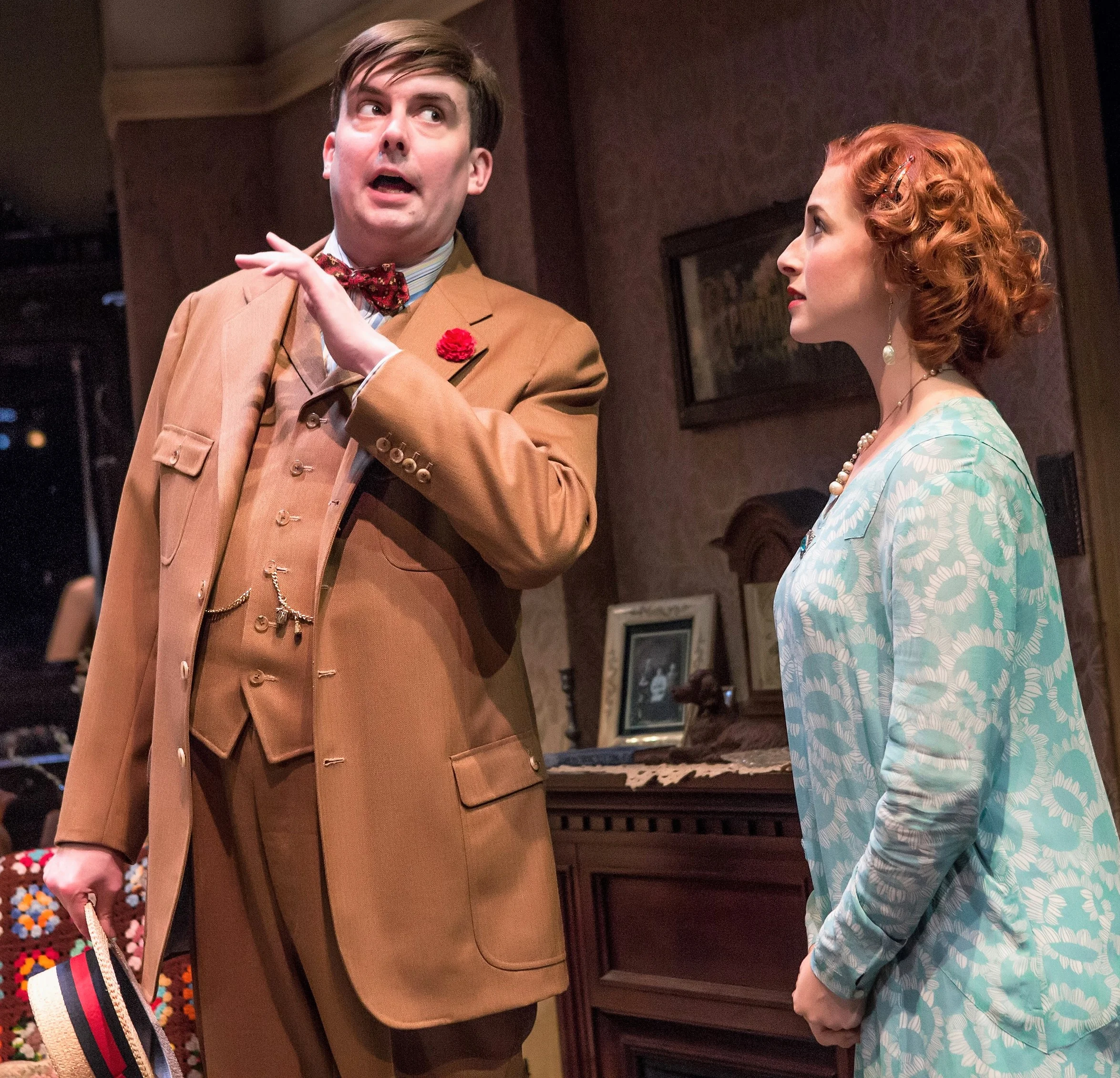 Ian Gould (left) is Aubrey Piper and Emma Orelove is Amy, the girl he’s wooing, in George Kelly’s 1925 comedy The Show-Off. Top, Gould with Tirosh Schneider, center, as Joe, and Annette O’Toole as his formidable mother-in-law, Josie Fisher. Photos by Jeremy Daniel.