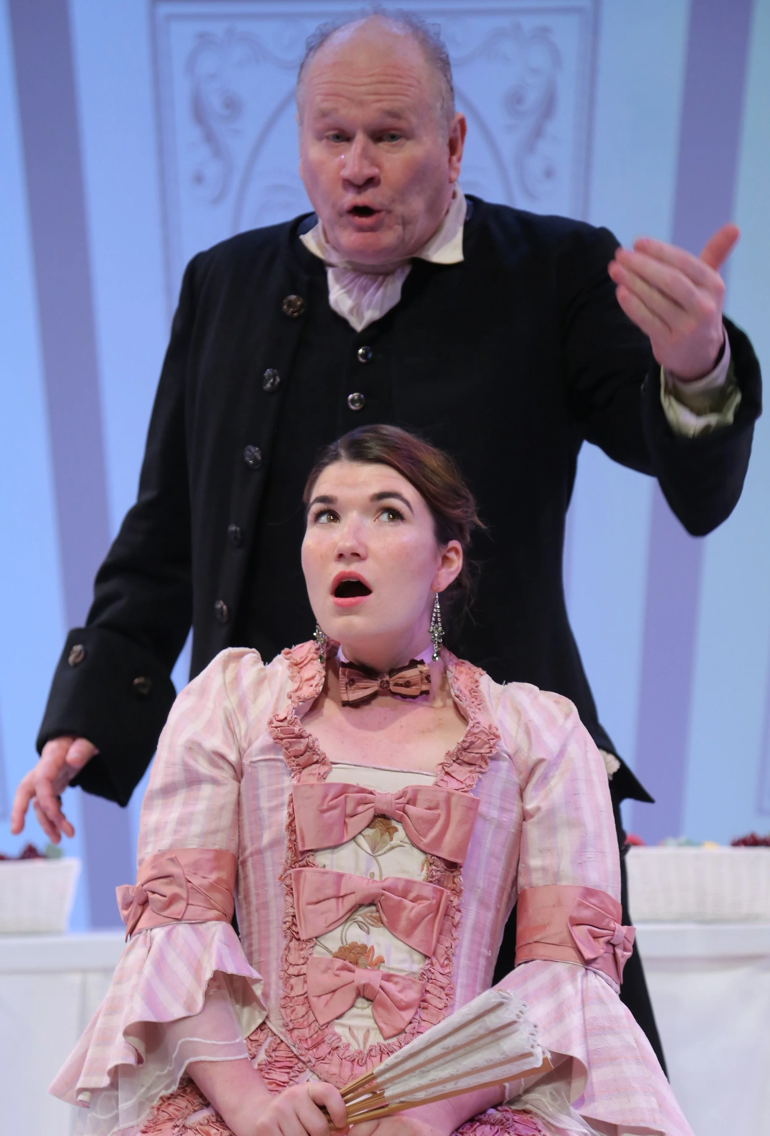 John Lenartz is Orgon, and Alicia Marie Beatty is his daughter, Mariane, in Tartuffe , at the Wild Project. Top: Josh Tyson as Tartuffe prepares to have his way with Elise Stone as Elmire, as Orgon looks on.