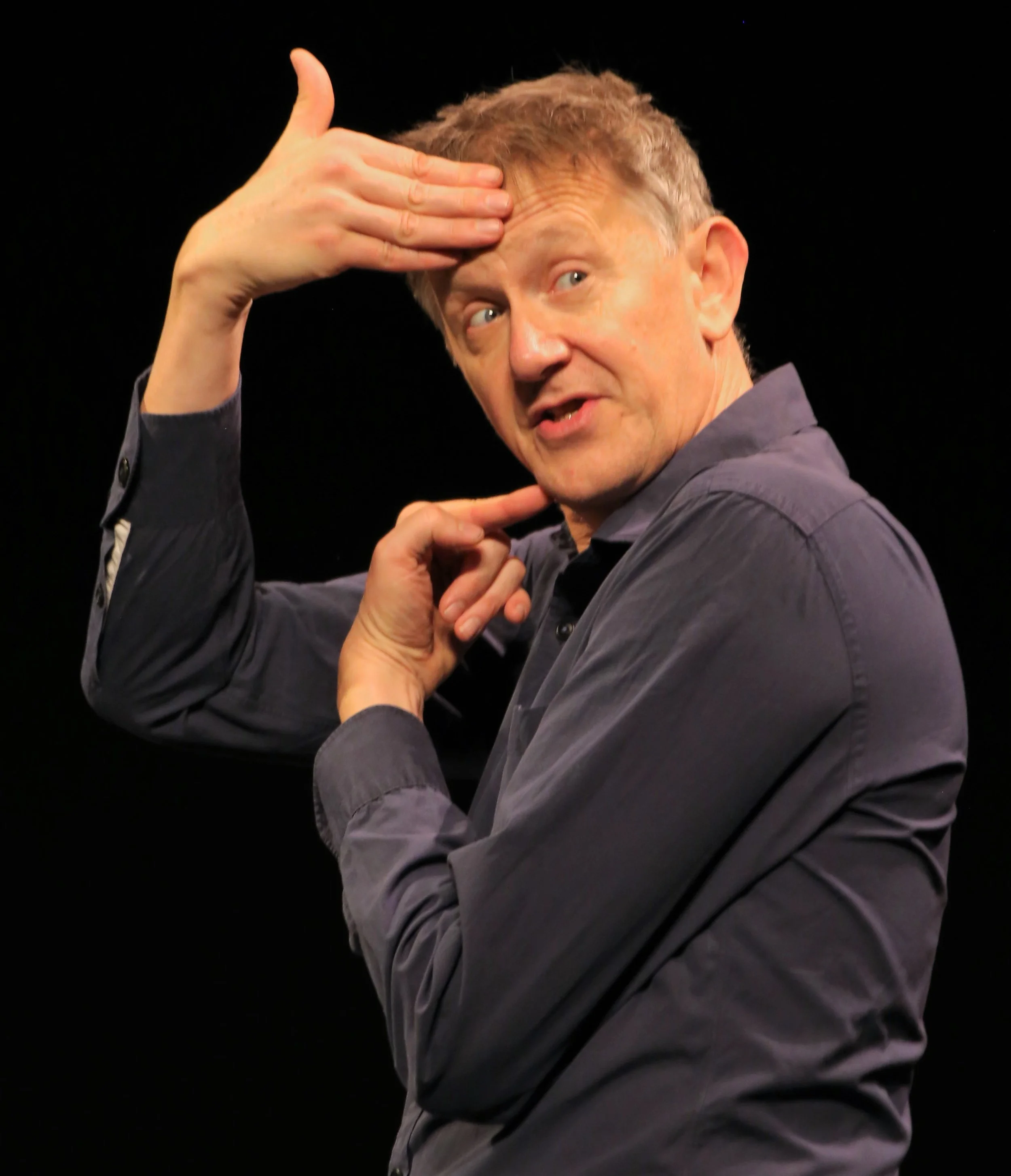 Houben explains how the positioning of a head can produce laughter in The Art of Laughter , a one -man show that fills the bill in Marcel + The Art of Laughter . Photo by Gerry Goodstein.