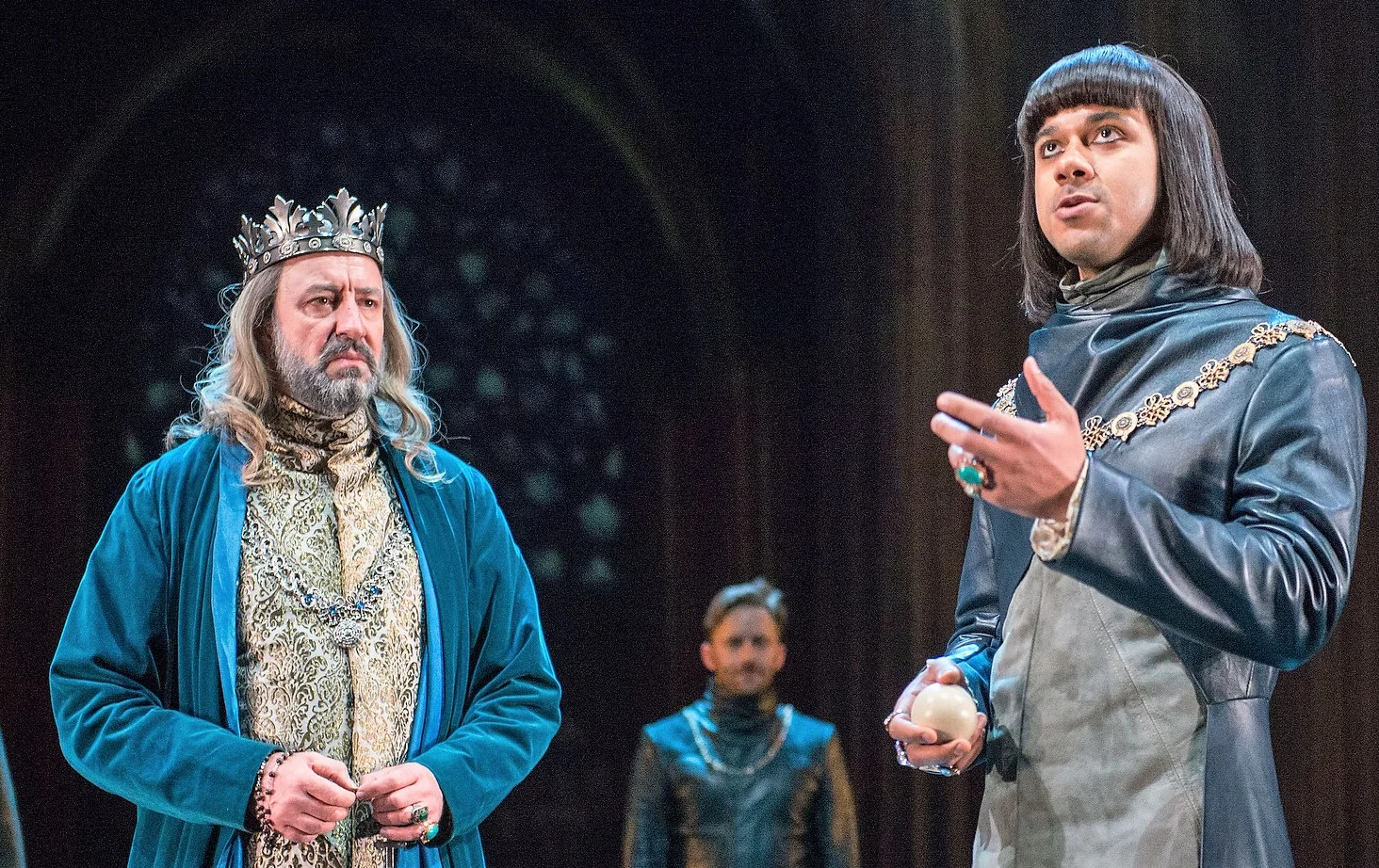 Simon Thorp (left) is the King of France, Sam Marks (upstage) is the Constable, and Robert Gilbert is the Dauphin opposing Henry.