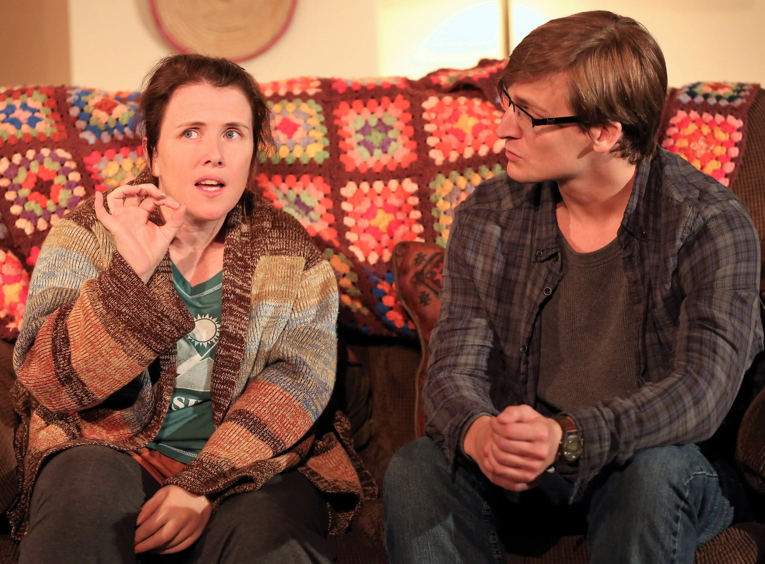 Mary Theresa Archbold is Laura, and John McGinty is Greg in Samuel D. Hunter’s The Healing . Top (from left): Archbold and McGinty with Jamie Petrone as Bonnie.