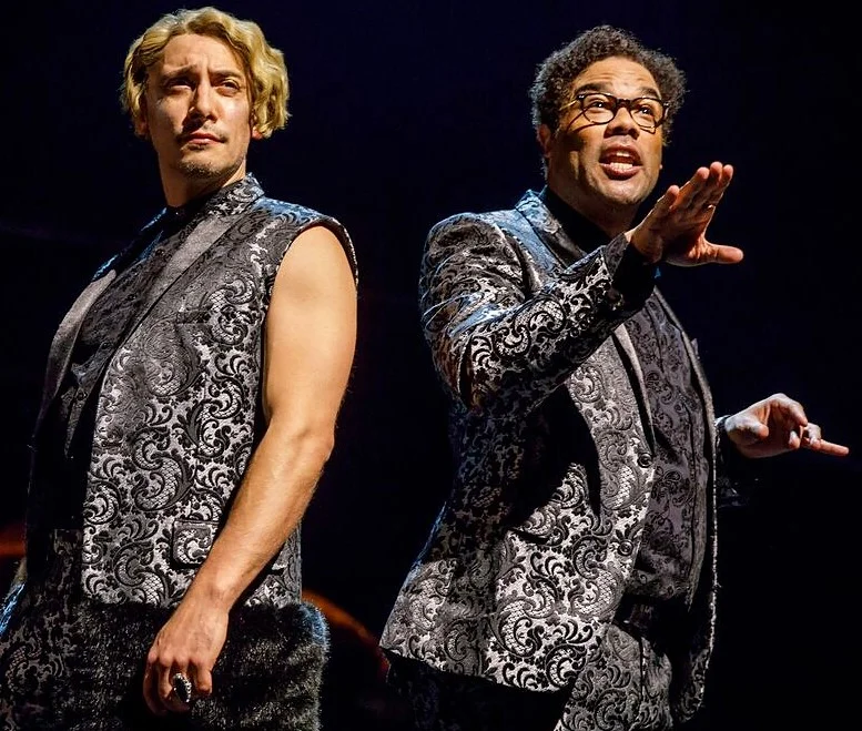 Ariel Shafir (left) is one half of Bob & Bob, talk-show hosts, and David Ryan Smith is the other, in Robert O’Hara’s Mankind . Top, from left: André De Shields as a father, Anson Mount as Mark, and Stephen Schnetzer as another father of the heroes.