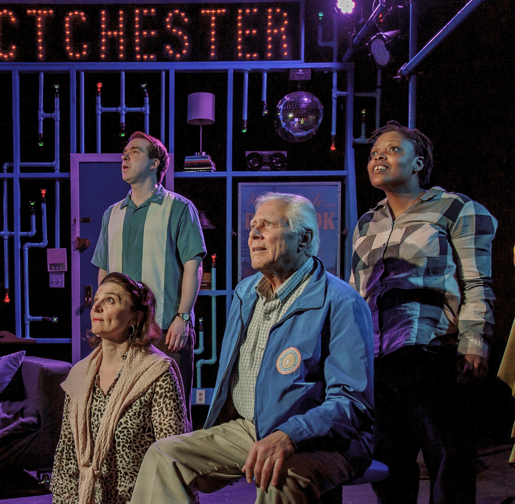 From left: Antoinette LaVecchia as Sherry, Brian Sgambati as Jerry, Robert Arcaro as Sal, and Crenshaw as Sean watch holiday fireworks at Electchester. Photographs by P. Kevin O’Leary.
