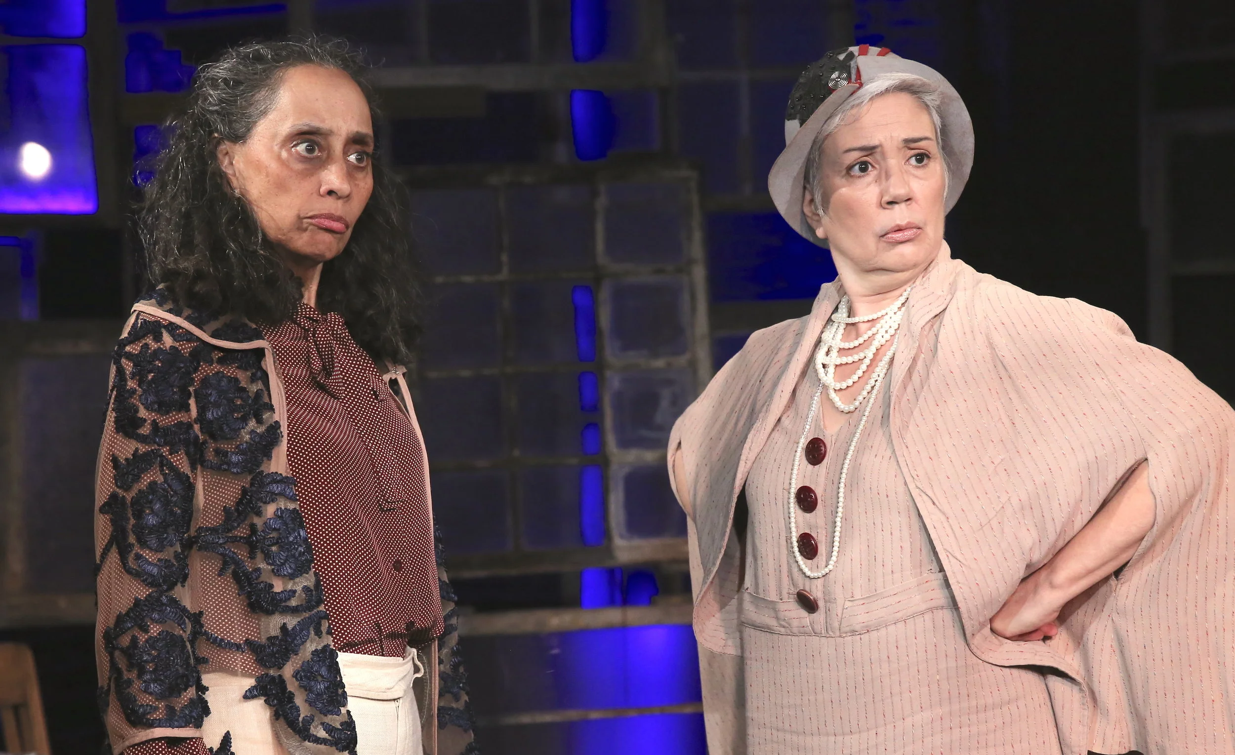 Marie Louise Guinier as Lorena (left) and Elise Santora as Eleanor in Christina Quintana's Scissoring . Top: Ashley Marie Ortiz as Josie (left) and Vanessa R. Butler as (Abigail).