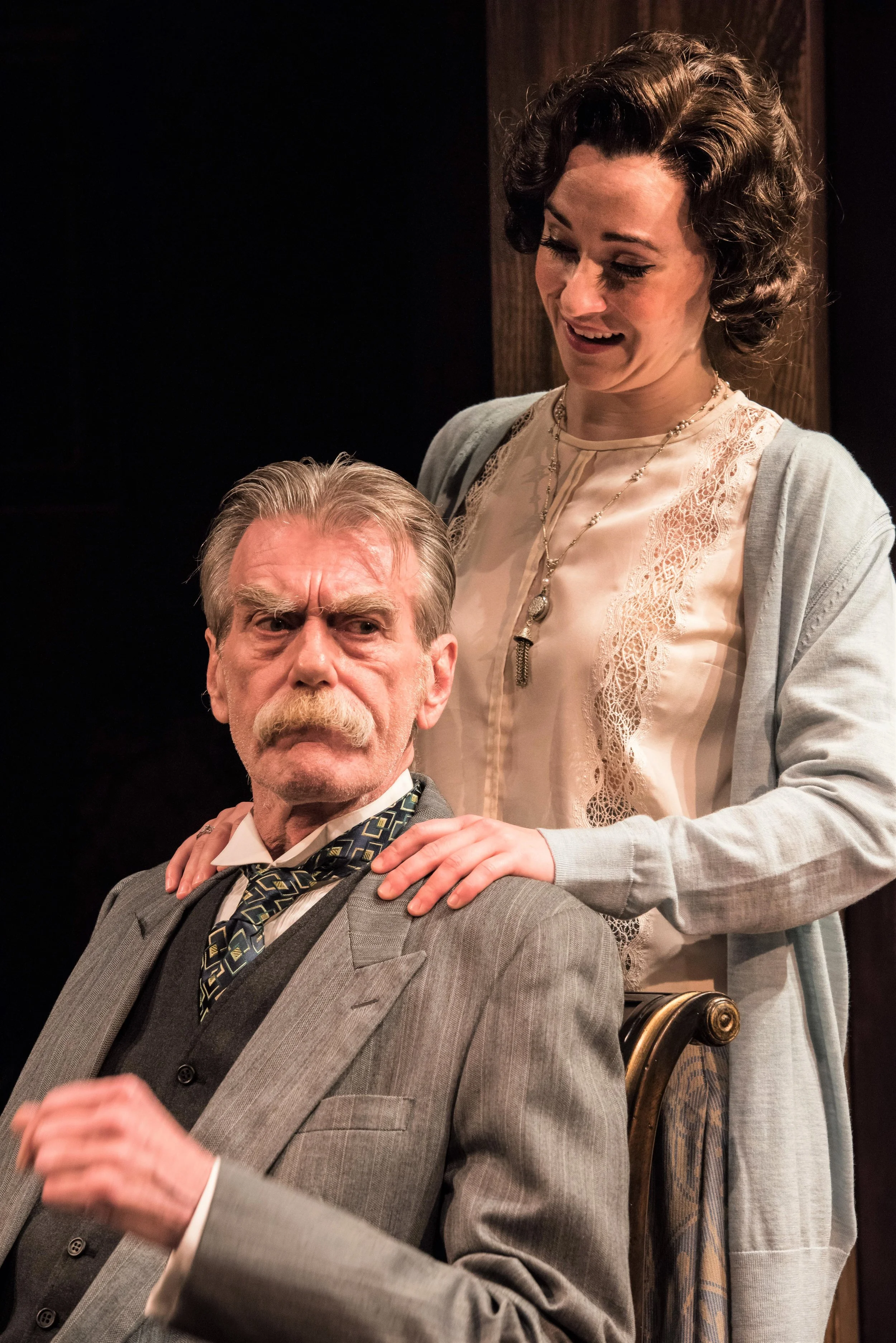 Father and daughter in Conflict : Graeme Malcolm as Lord Bellingdon and Jessie Shelton as Lady Dare, in Miles Malleson’s 1925 romantic comedy. Top: Shelton between two parliamentary candidates, Jeremy Beck as Labourite Tom Smith and Henry Clarke as Tory Sir Ronald Clive. Photographs by Todd Cerveris.