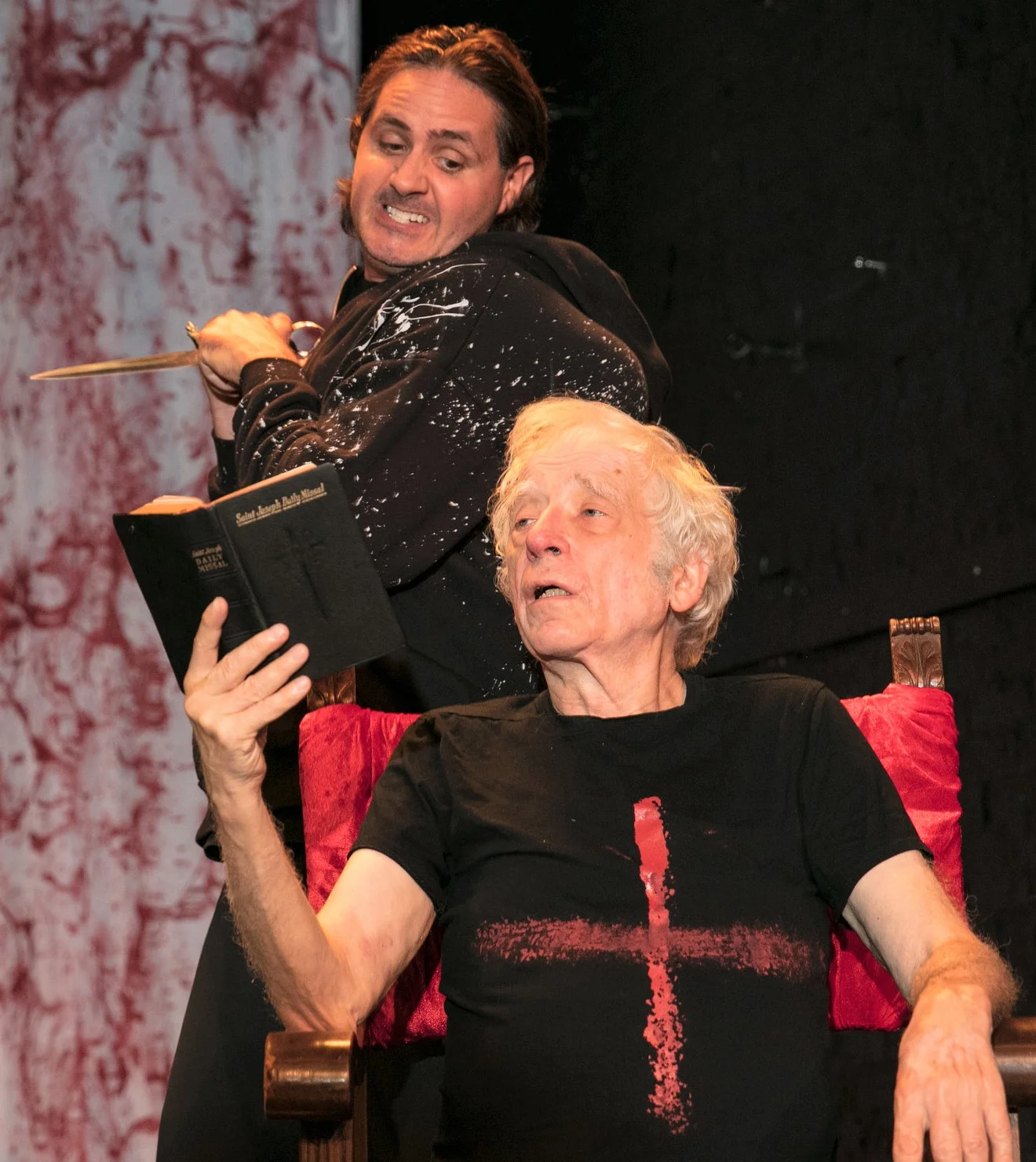 Matt de Rogatis (with dagger) as the murdering Richard and Austin Pendleton (with missal) as the ambivalent Henry are the once and future kings in Wars of the Roses: Henry VI & Richard III. Top: Greg Pragel as Buckingham supplicates before de Rogatis as the villainous king. Photographs by Chris Loupos.