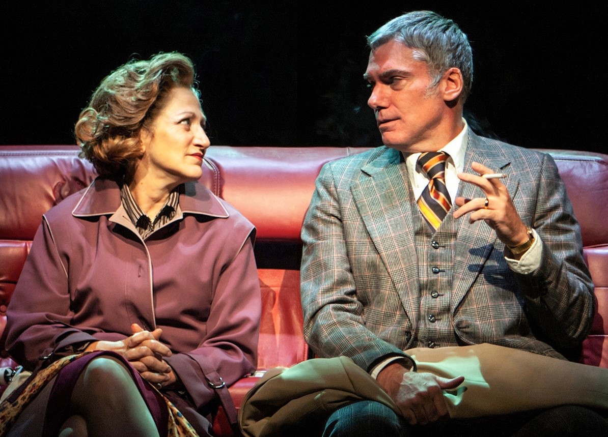 Edie Falco as Polly Noonan confronts Glenn Fitzgerald as Howie Nolan, a rival of her boss’s for the mayoralty of Albany, N.Y., in the 1970s. Top: Falco with Michael McKean as Erastus Corning, the longtime mayor of Albany, in Sharr White’s The True .