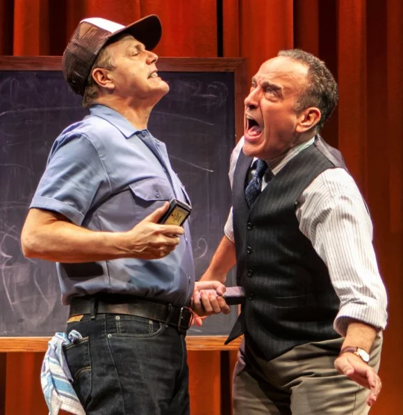 Tom Souhrada (left) as Austin, the bumbling and taser-challenged sheriff, and Adam Heller as Mr. Trundle, the well-meaning mayor of Popcorn Falls. Top: Heller with Souhrada as Ms. Parker, the town librarian.