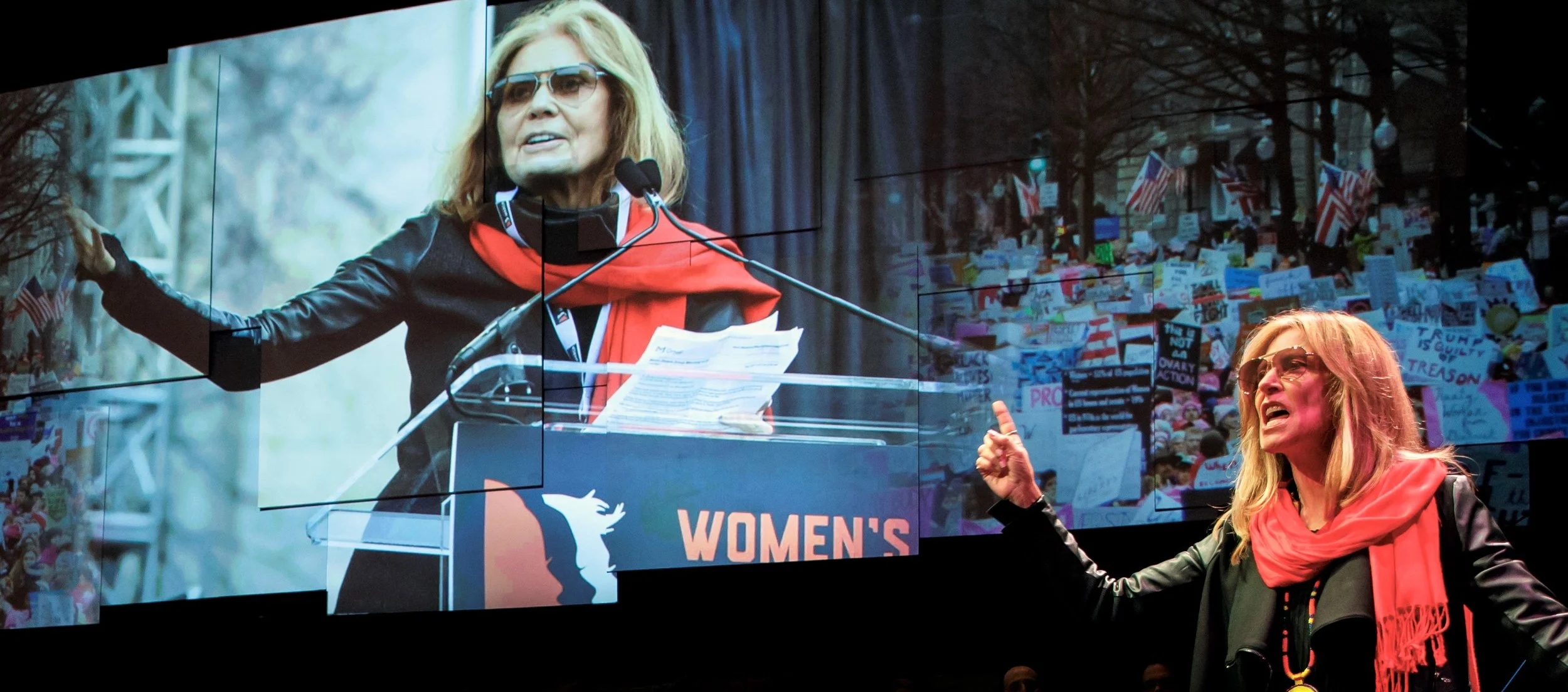 Lahti as Gloria Steinem stands next to a recent photo of Steinem herself. Photographs by Joan Marcus.