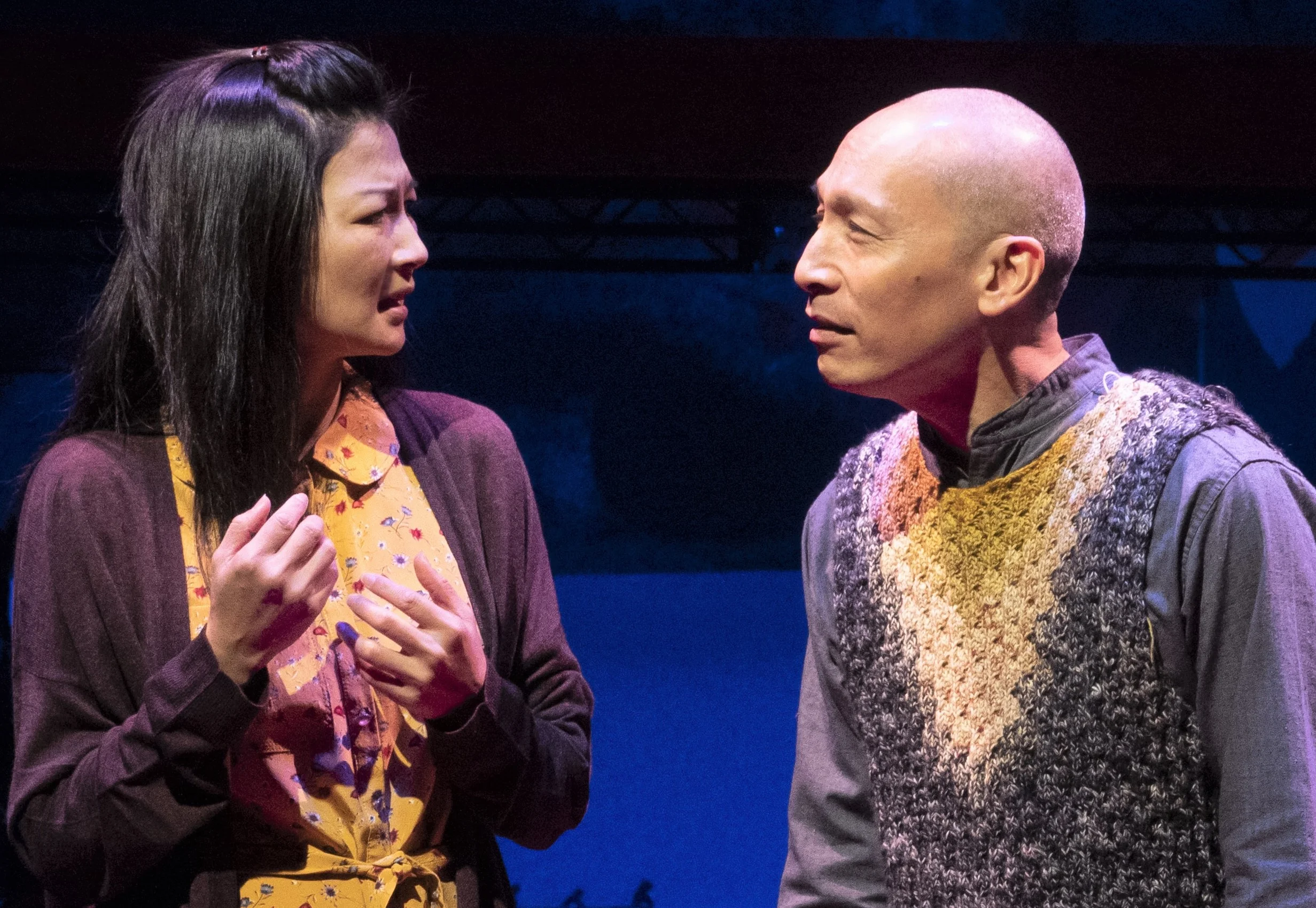 Yoo Nanhee speaks with an imagined version of her father, played by Francis Jue. Photographs by Joan Marcus.