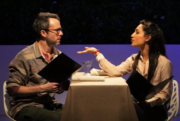 Christian Conn (left) plays Michael, a bird-loving environmentalist, and Annapurna Sriram is Beth, a wind-power executive, in Jordan Jaffe’s comedy-drama Whirlwind. Top: Conn with Johnny Wu as Cooper, Beth’s boss.