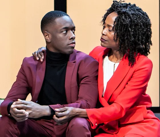 Ronald Peet (left) is Franklin, and Charlayne Woodard plays his mother, Zora, in Jeremy O. Harris’s play Daddy . Top: Woodard and Peet with, from left, Alan Cumming as André, and Onyie Nwachukwu, Denise Manning, and Carrie Compere as a gospel choir.