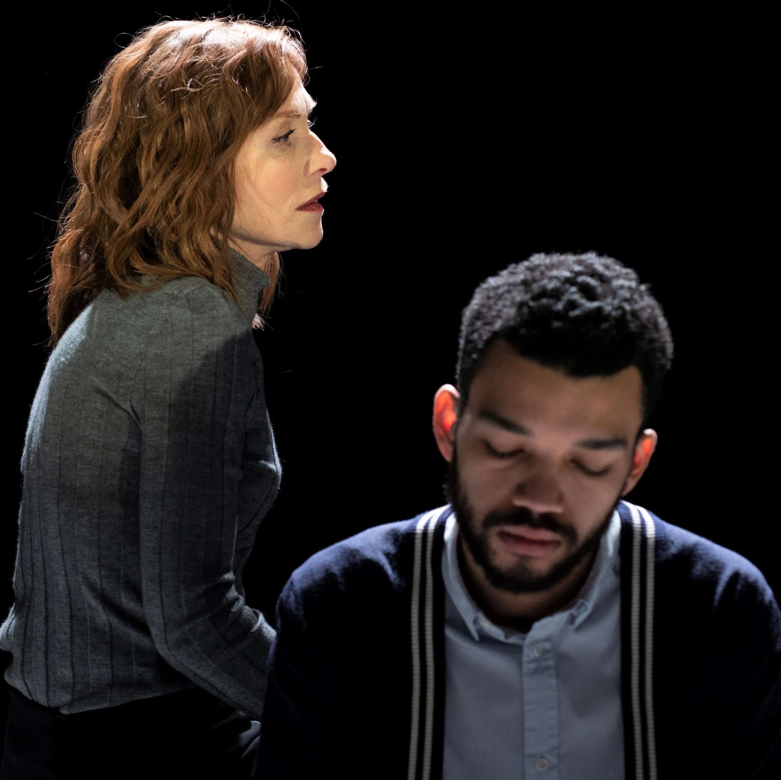 Isabelle Huppert (left) plays Anne, the mother of Nicolas (Justice Smith) in Florian Zeller’s The Mother. Top: Huppert with Chris Noth as her husband, David.