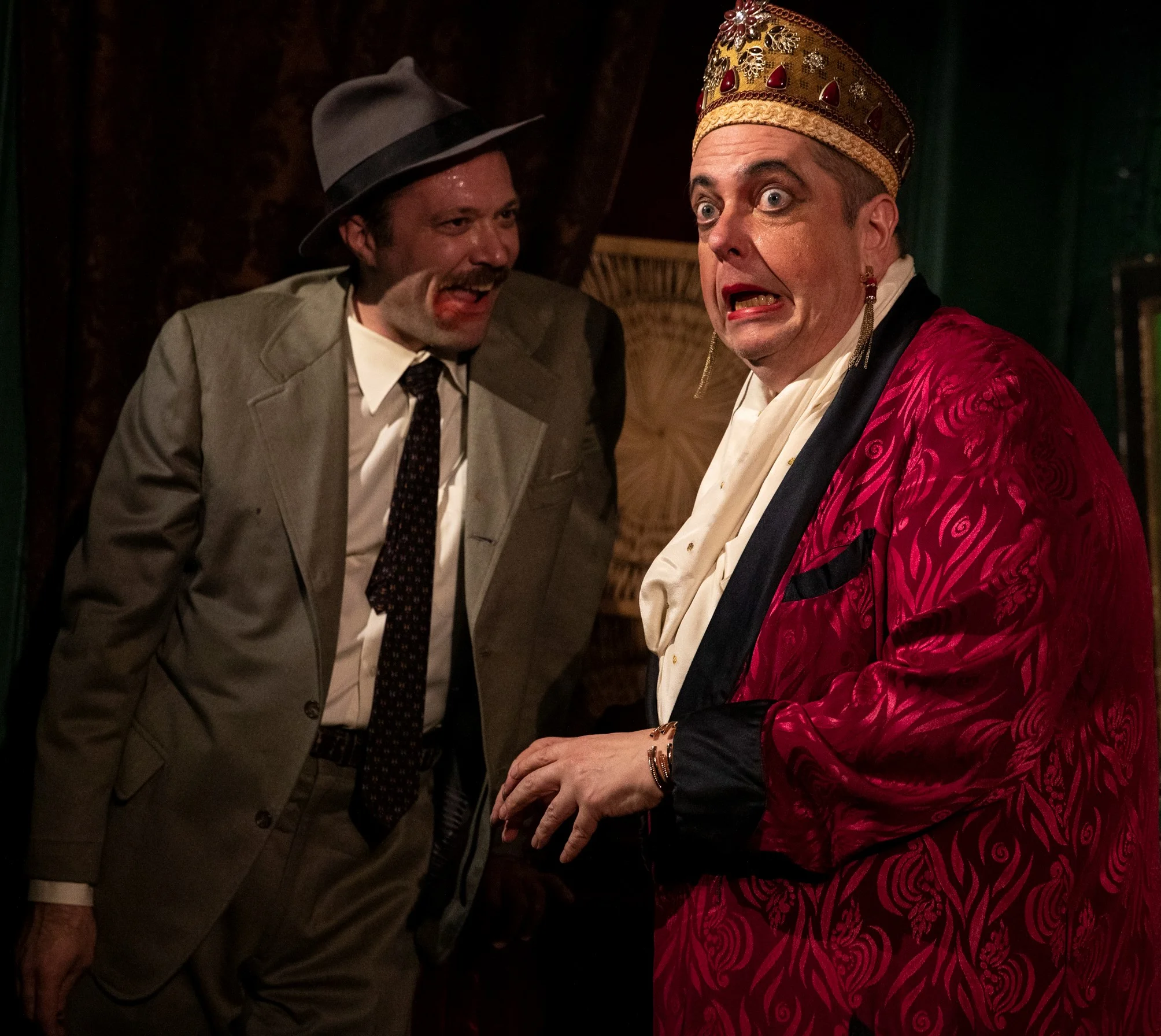 Robert M. Johanson (left) plays Paul Swan’s accompanist, and Tony Torn is Swan in the Civilians’ production of Paul Swan Is Dead and Gone . Top: Torn with Alexis Scott as one of the backup dancers (and, later, Swan’s daughter Paula).